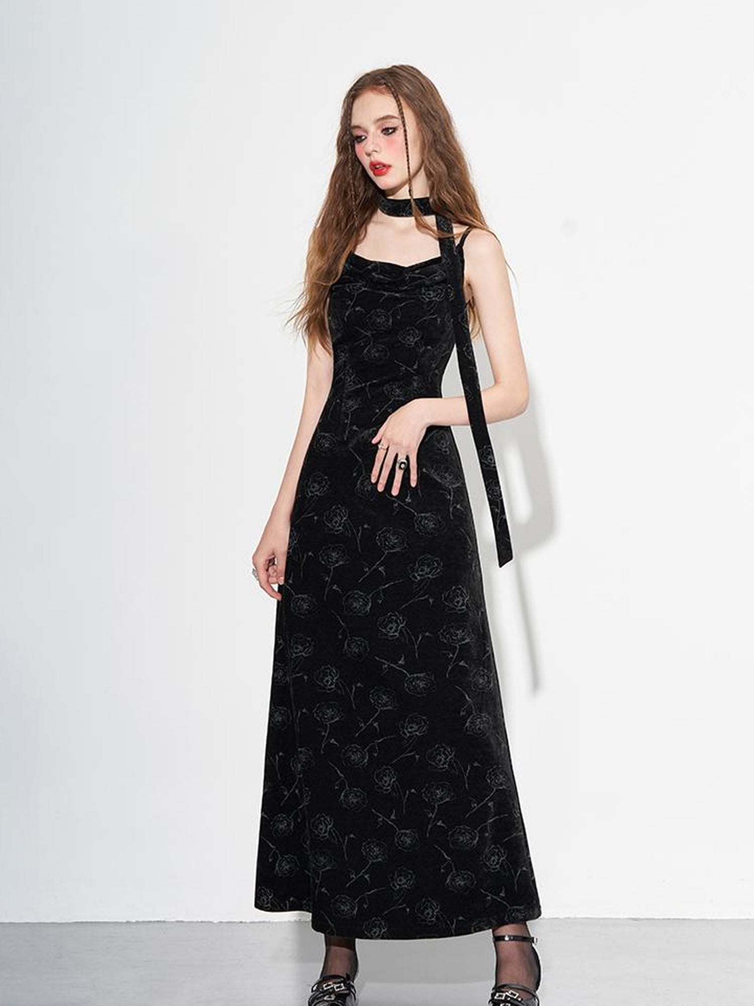 AFTADAWN Velvet Rose Draped Neckline Slip Maxi Dress With Scarf