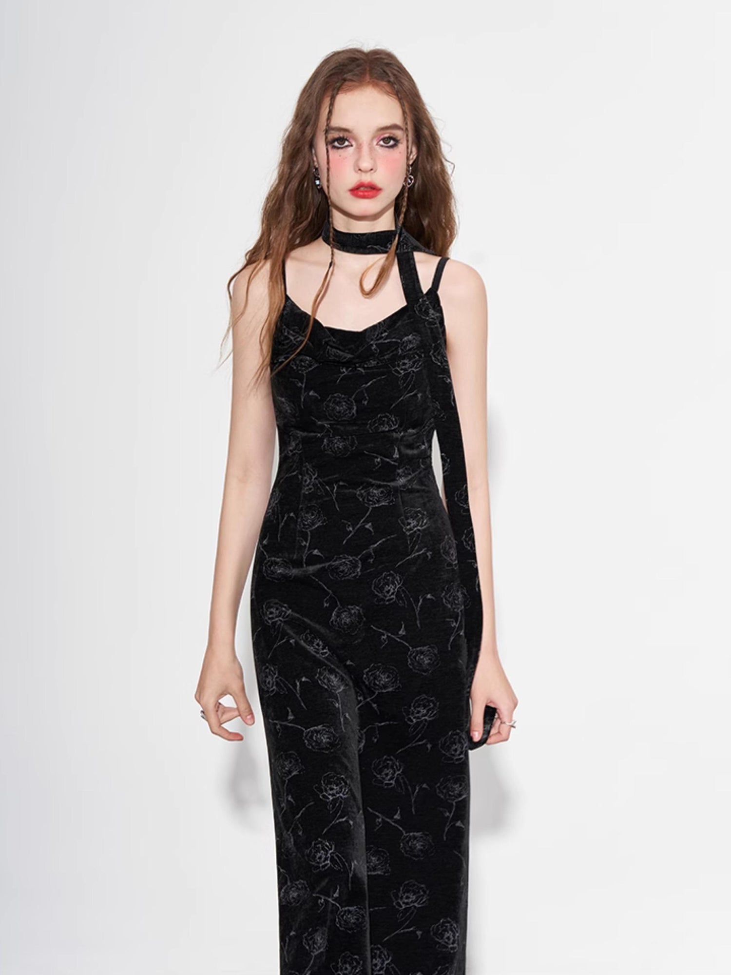 AFTADAWN Velvet Rose Draped Neckline Slip Maxi Dress With Scarf