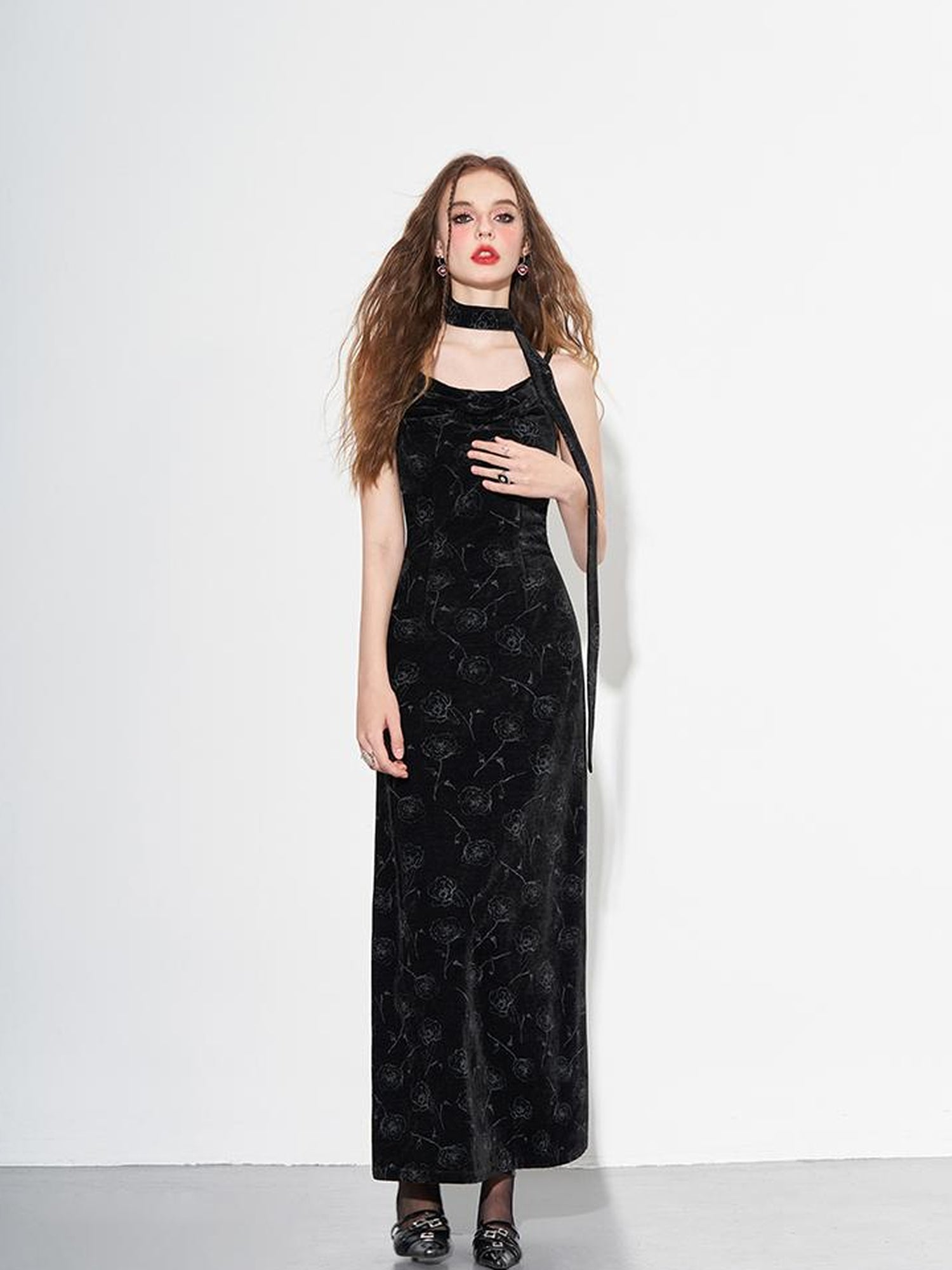 AFTADAWN Velvet Rose Draped Neckline Slip Maxi Dress With Scarf