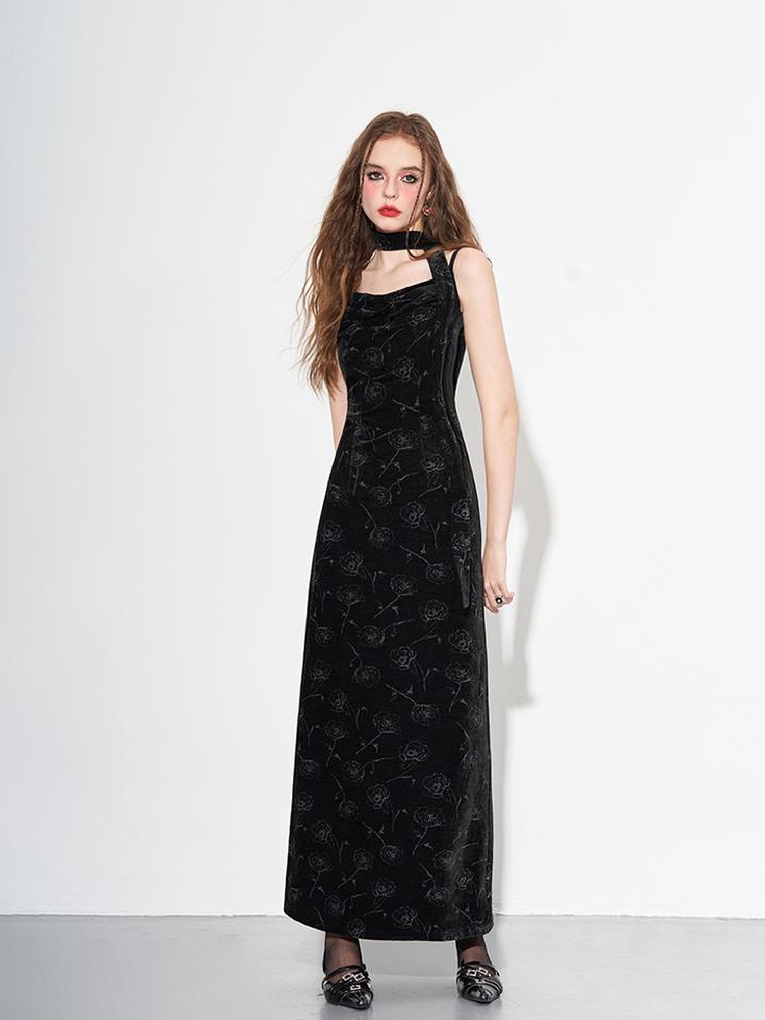 AFTADAWN Velvet Rose Draped Neckline Slip Maxi Dress With Scarf