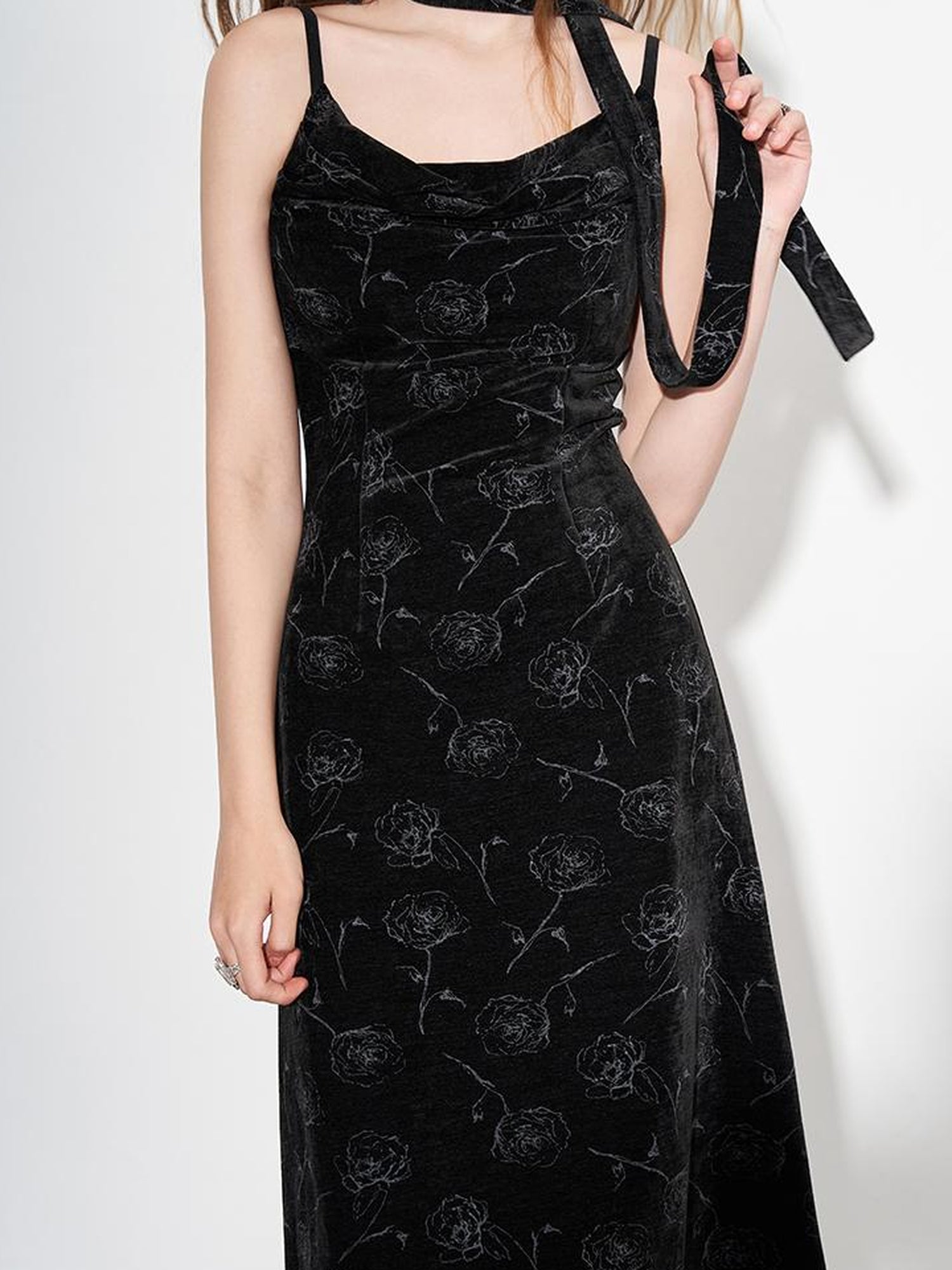 AFTADAWN Velvet Rose Draped Neckline Slip Maxi Dress With Scarf