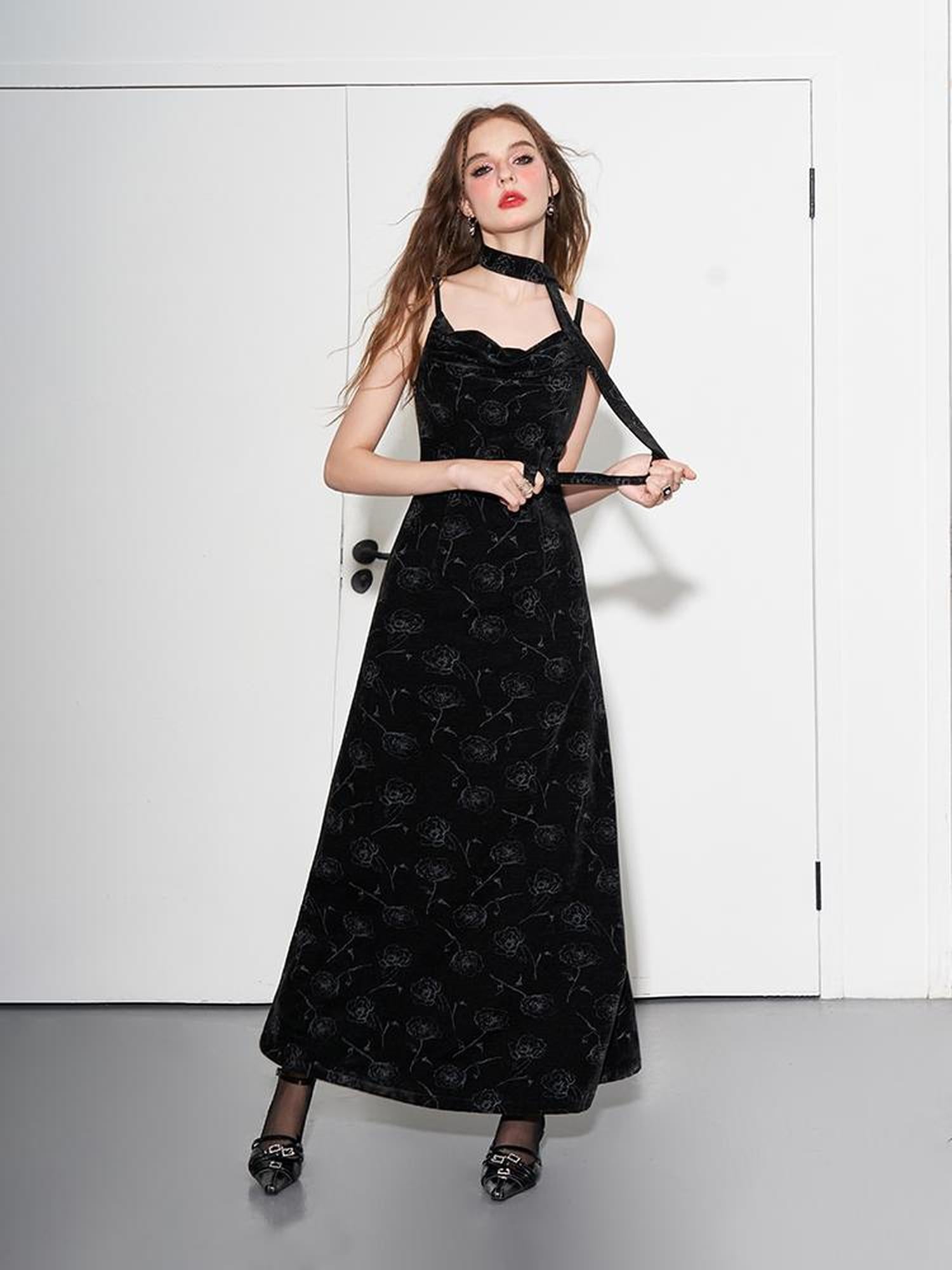 AFTADAWN Velvet Rose Draped Neckline Slip Maxi Dress With Scarf