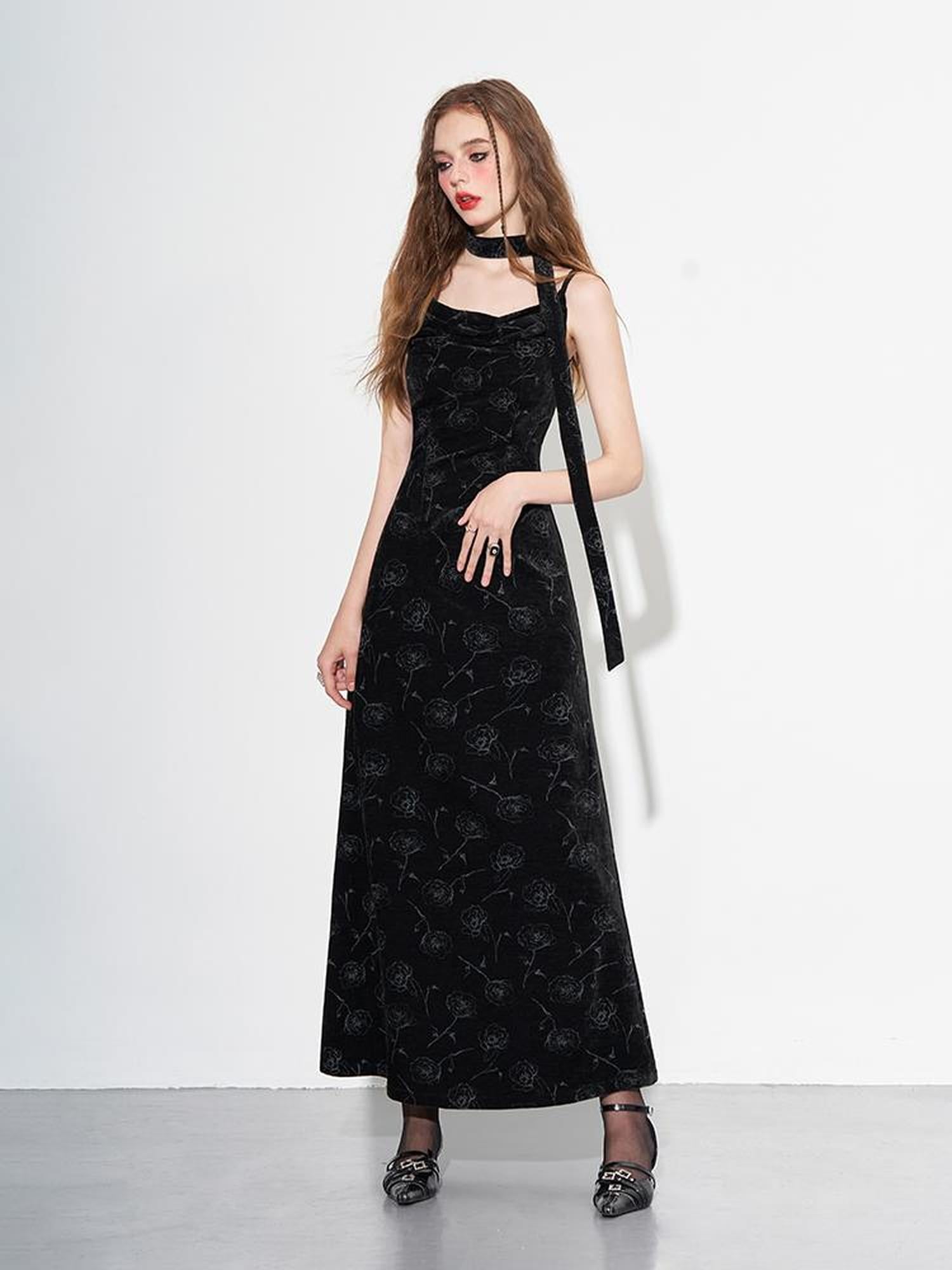 AFTADAWN Velvet Rose Draped Neckline Slip Maxi Dress With Scarf