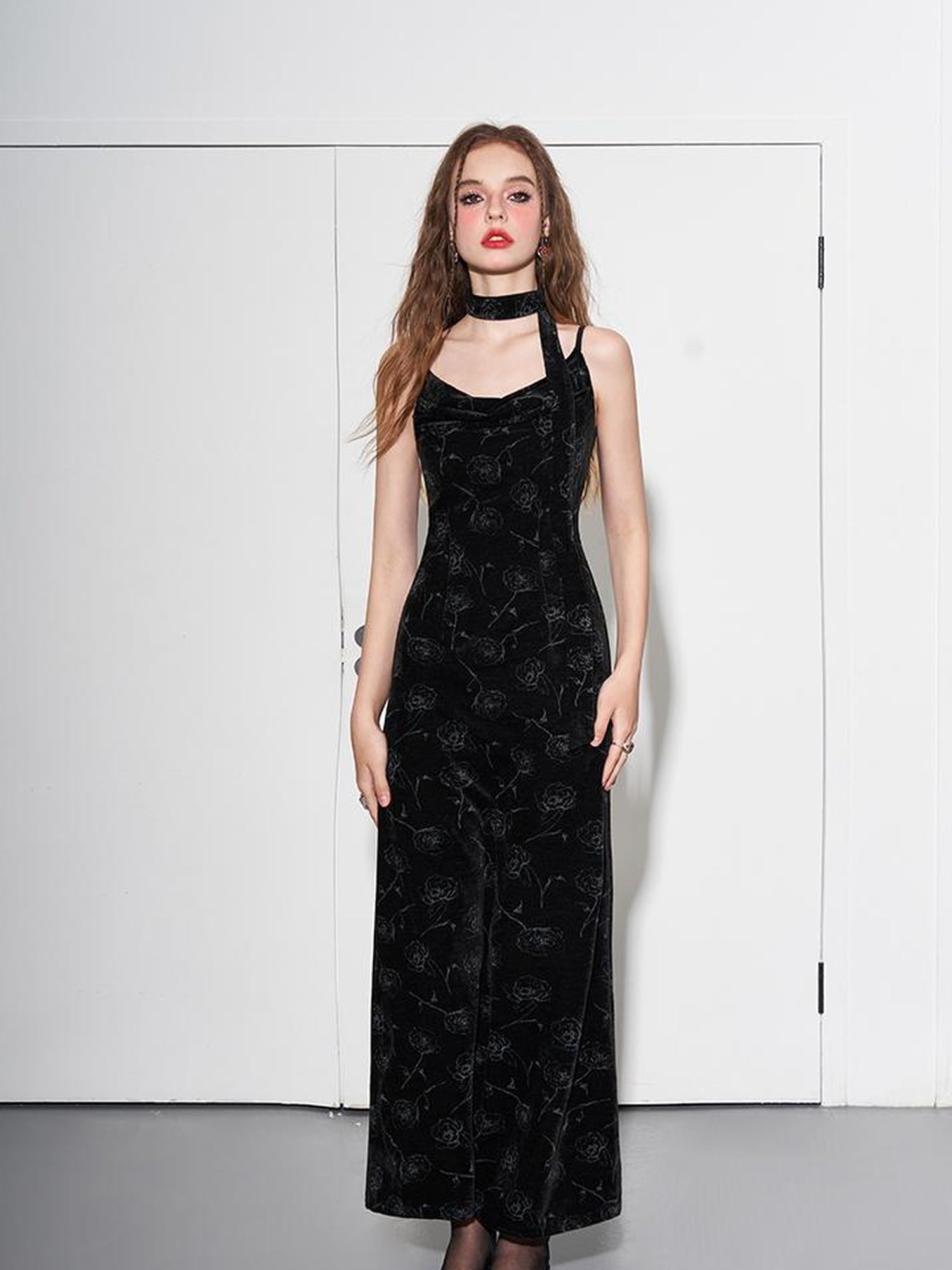 AFTADAWN Velvet Rose Draped Neckline Slip Maxi Dress With Scarf