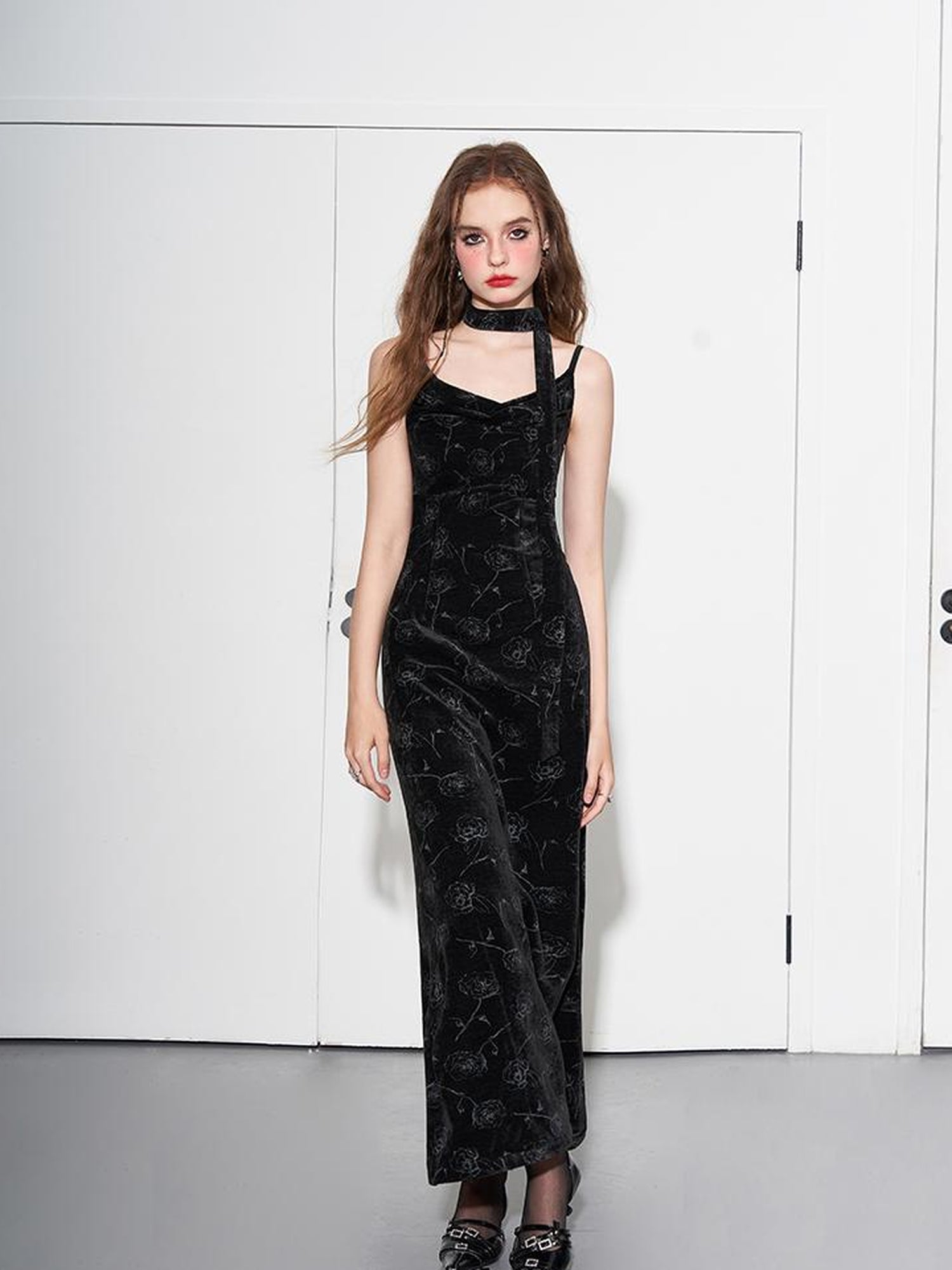 AFTADAWN Velvet Rose Draped Neckline Slip Maxi Dress With Scarf