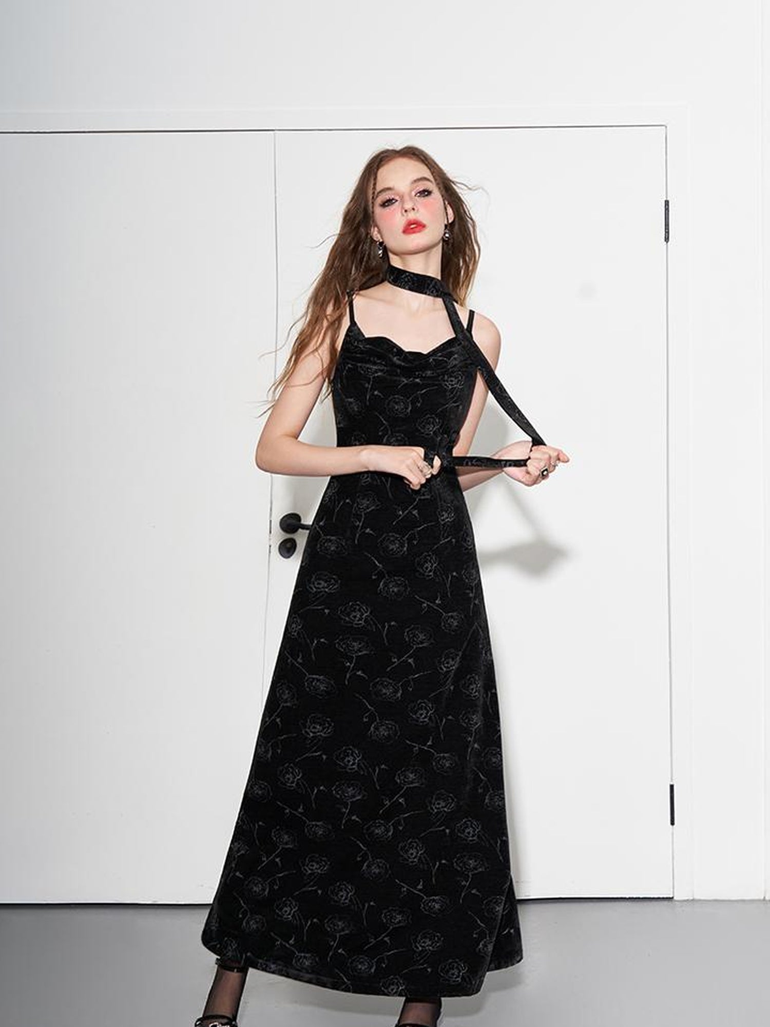 AFTADAWN Velvet Rose Draped Neckline Slip Maxi Dress With Scarf