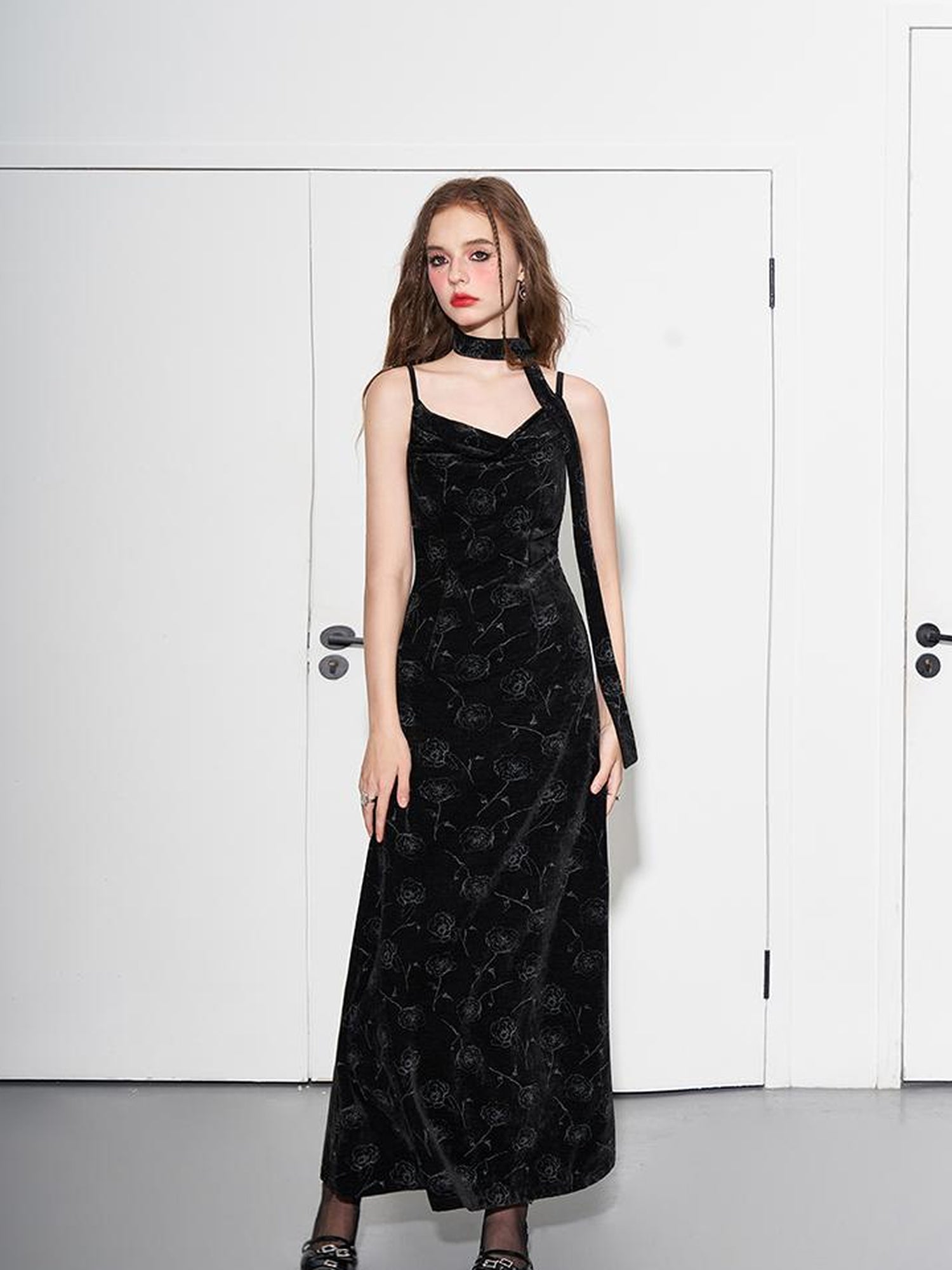 AFTADAWN Velvet Rose Draped Neckline Slip Maxi Dress With Scarf