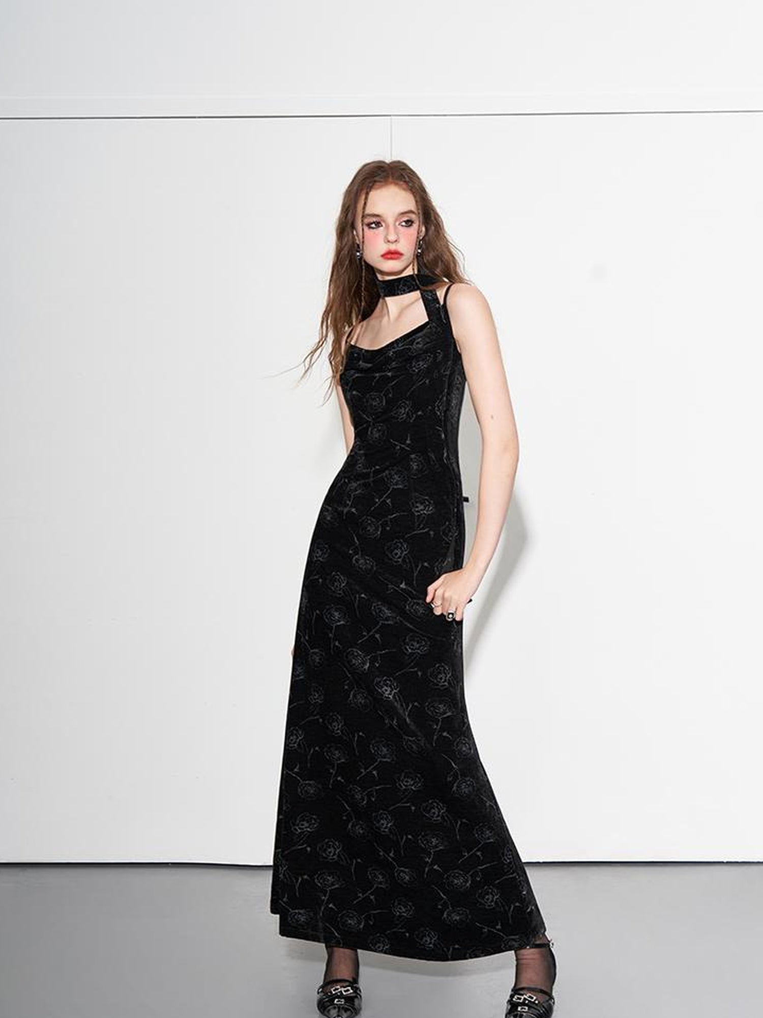 AFTADAWN Velvet Rose Draped Neckline Slip Maxi Dress With Scarf