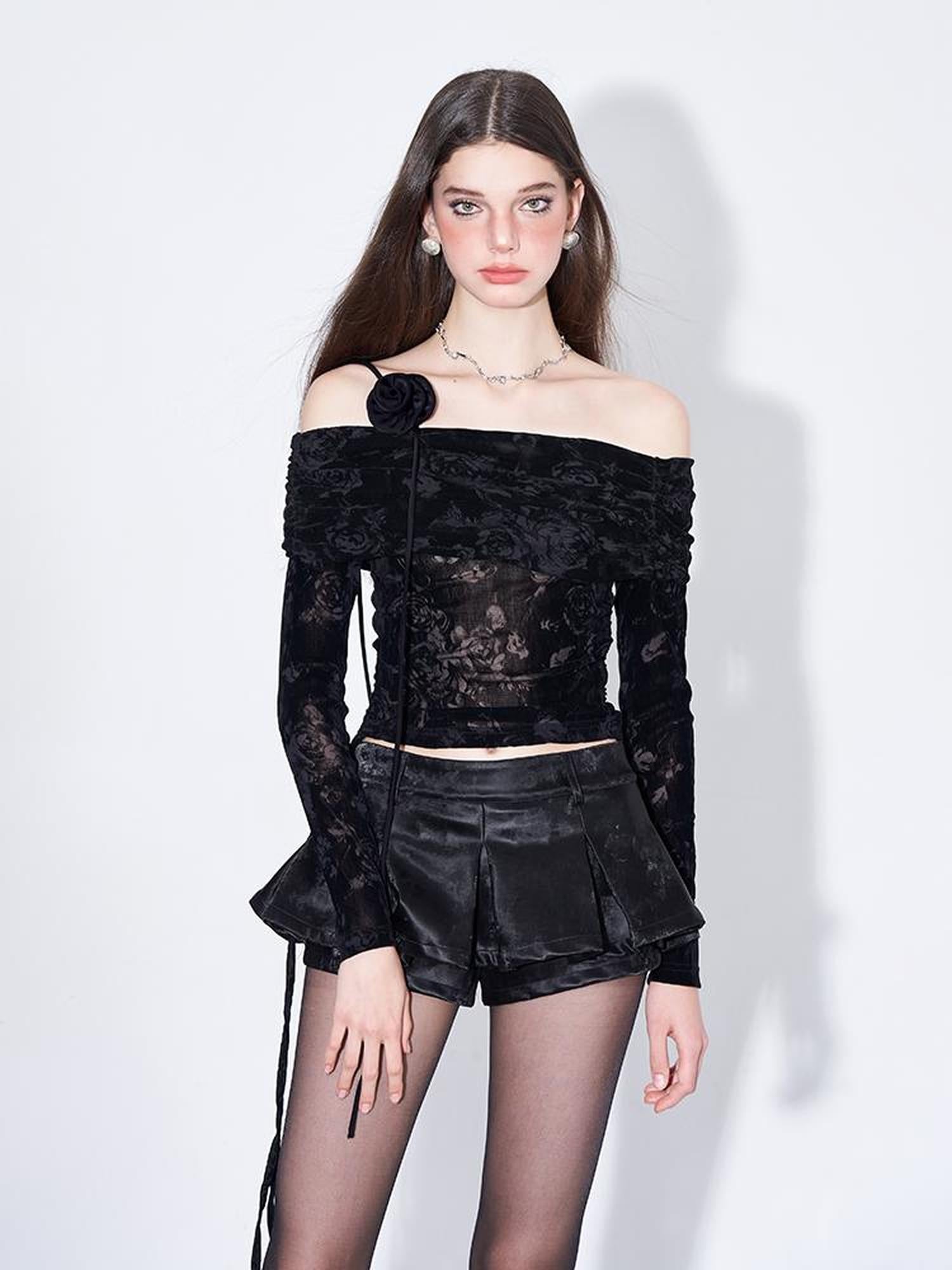 AFTADAWN Velvet Rose Flocked Off Shoulder Top