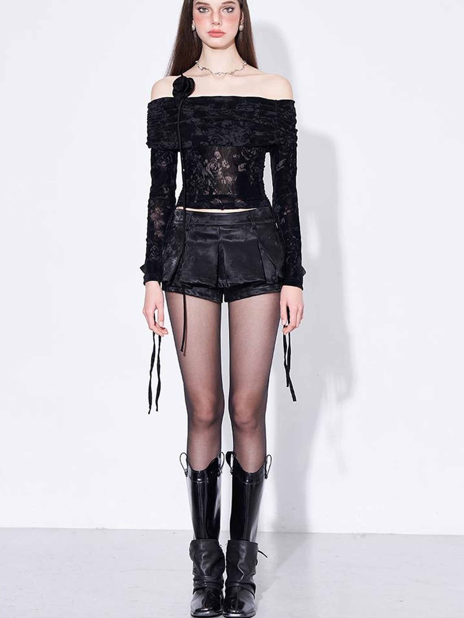 AFTADAWN Velvet Rose Flocked Off Shoulder Top