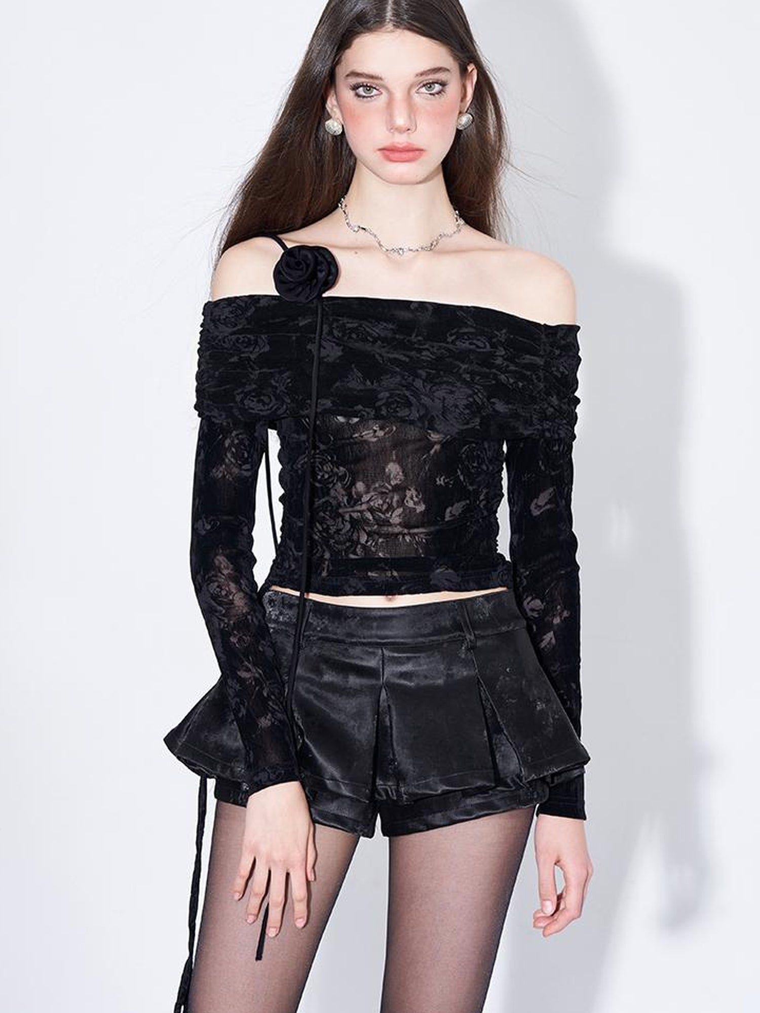 AFTADAWN Velvet Rose Flocked Off Shoulder Top