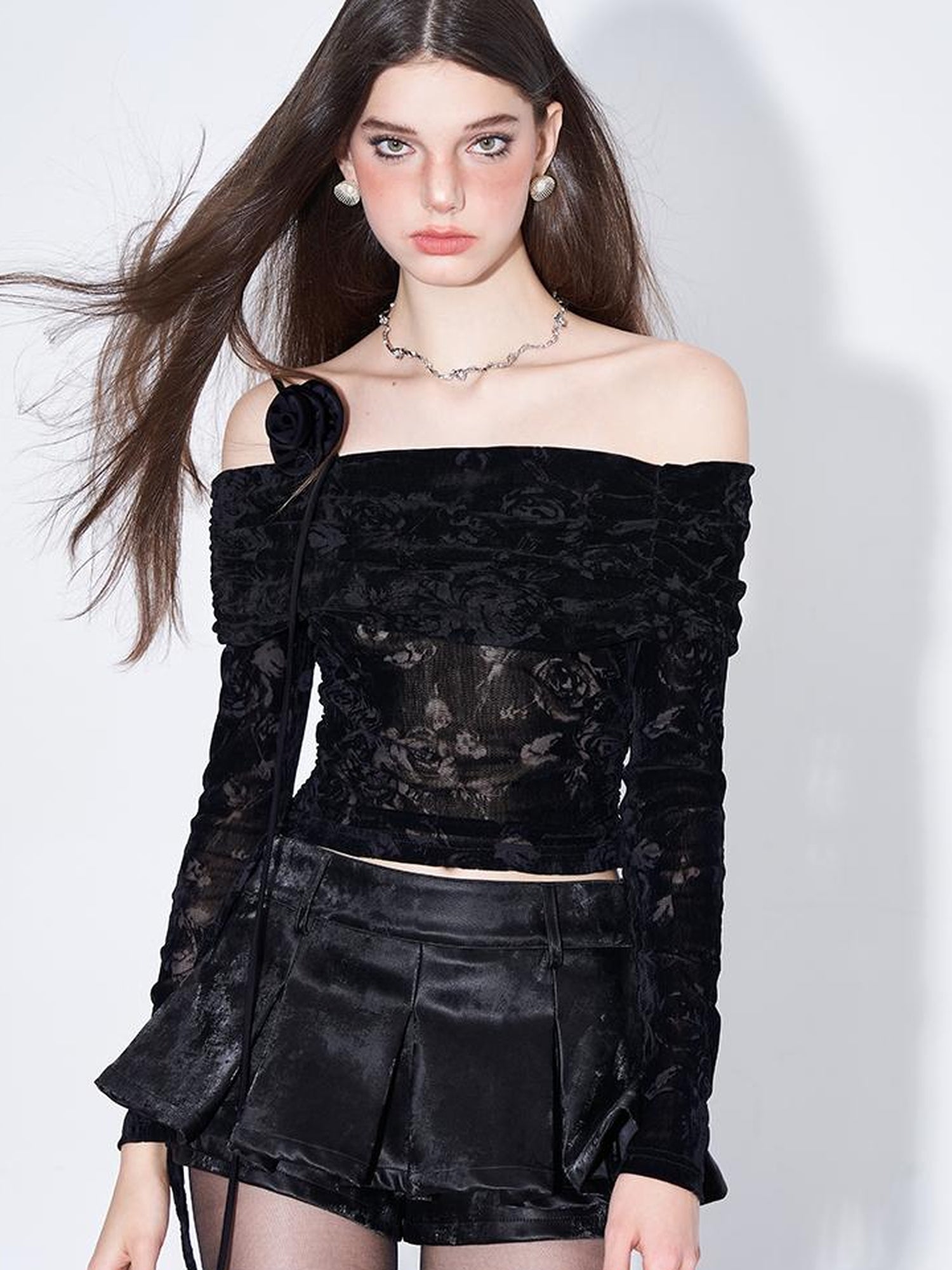 AFTADAWN Velvet Rose Flocked Off Shoulder Top