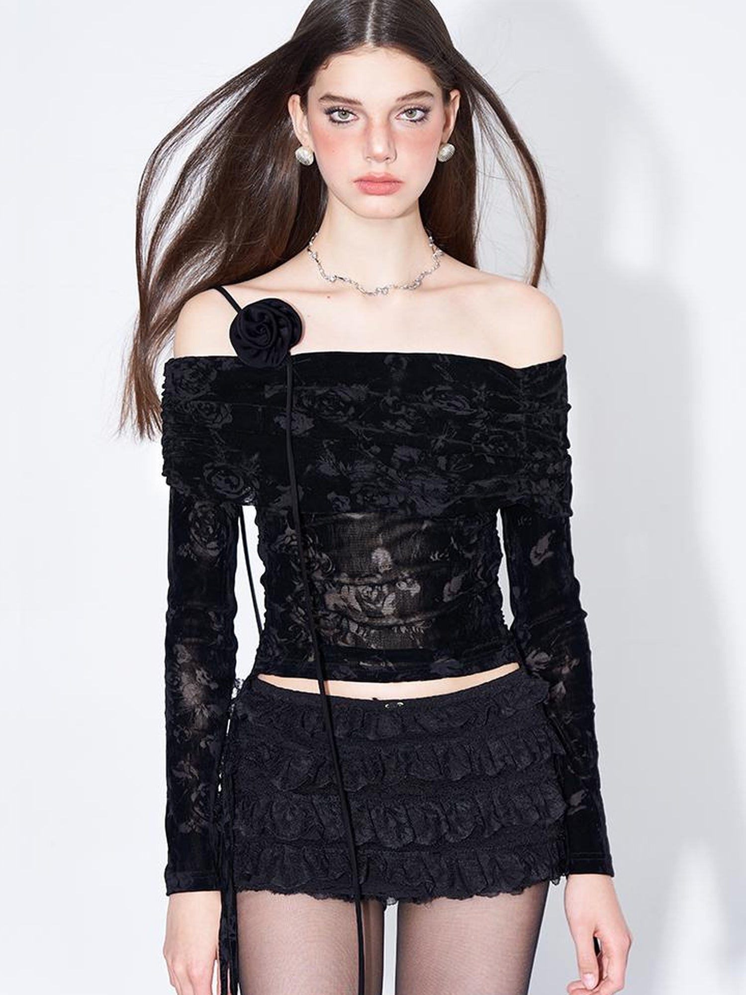 AFTADAWN Velvet Rose Flocked Off Shoulder Top