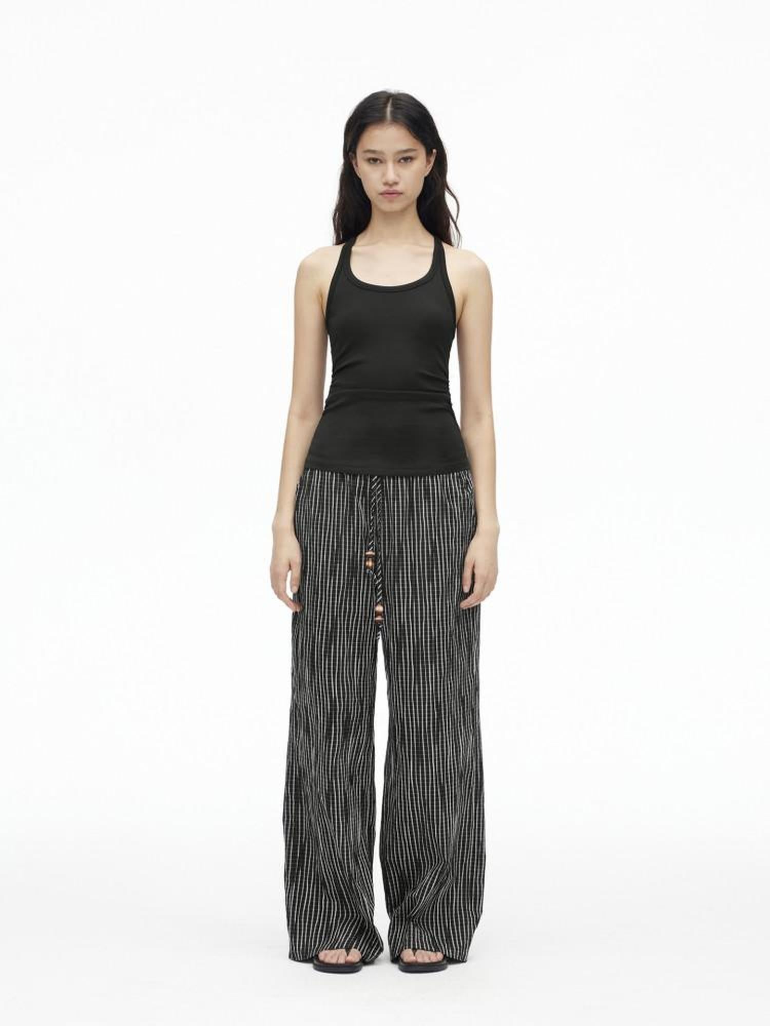 AFTADAWN Vertical Check Textured Beaded Drawstring Women&