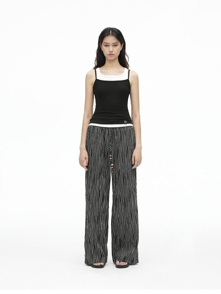 AFTADAWN Vertical Check Textured Beaded Drawstring Women&