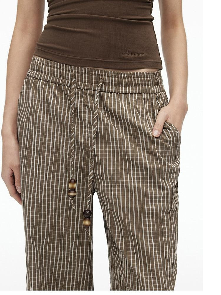 AFTADAWN Vertical Check Textured Beaded Drawstring Women&