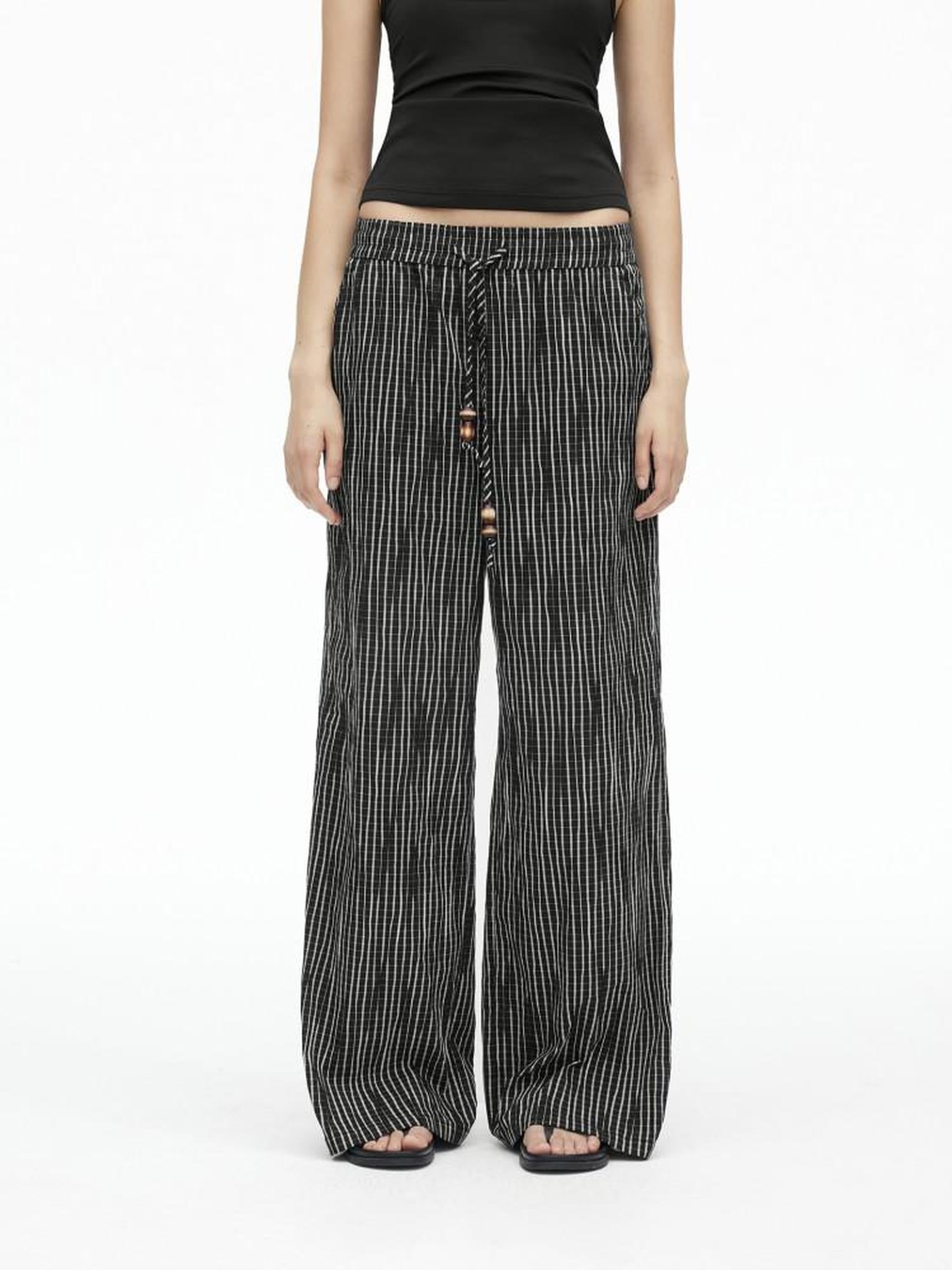 AFTADAWN Vertical Check Textured Beaded Drawstring Women&