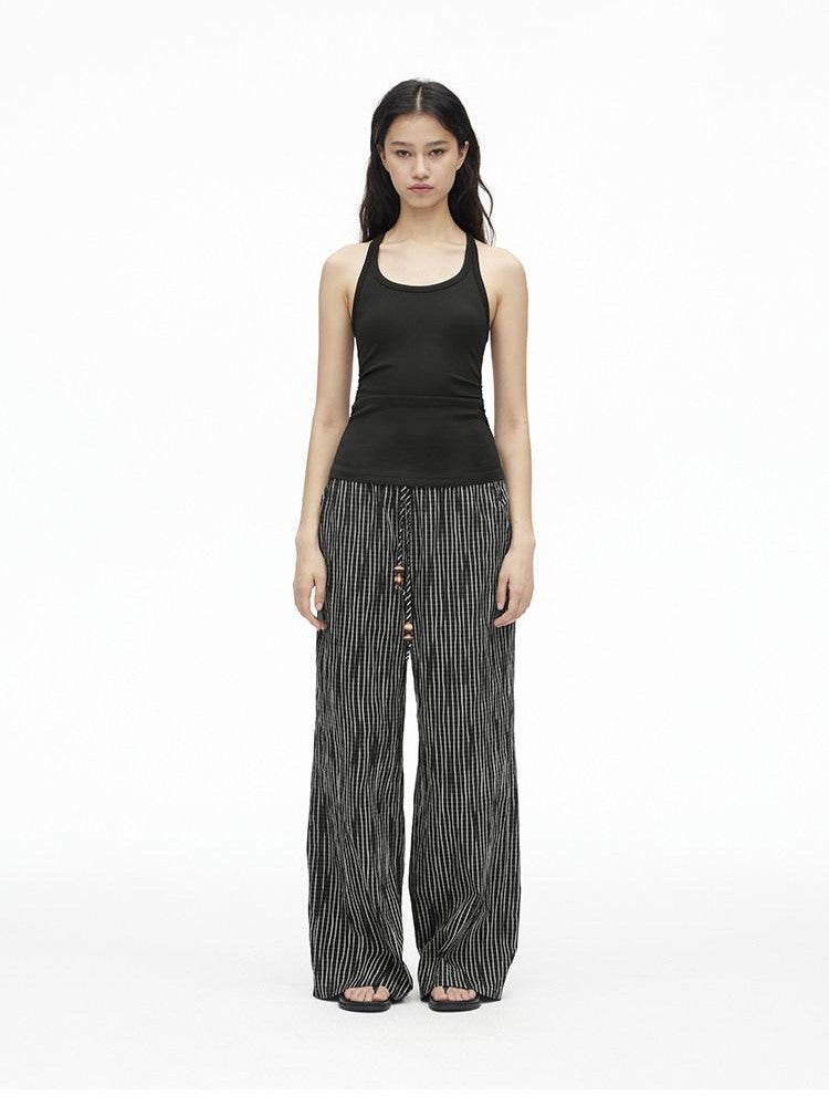 AFTADAWN Vertical Check Textured Beaded Drawstring Women&