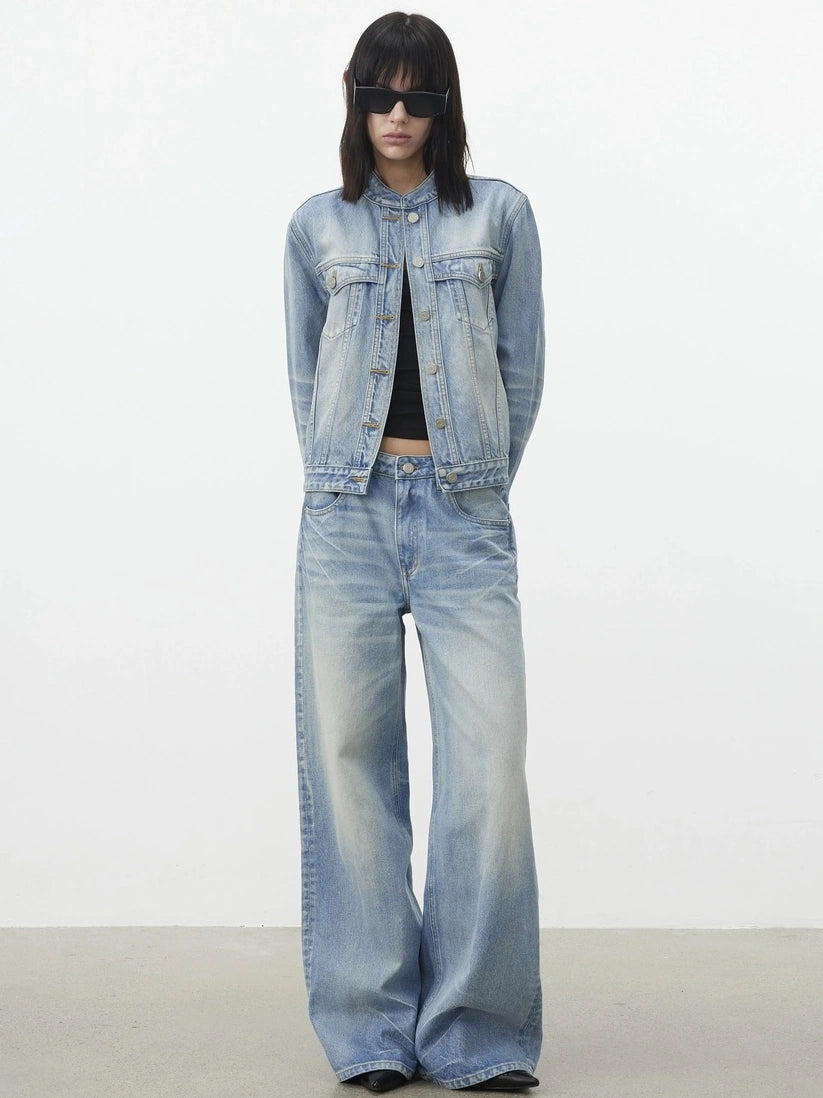 AFTADAWN Vintage Blue Washed Cropped Denim Jacket Jacket