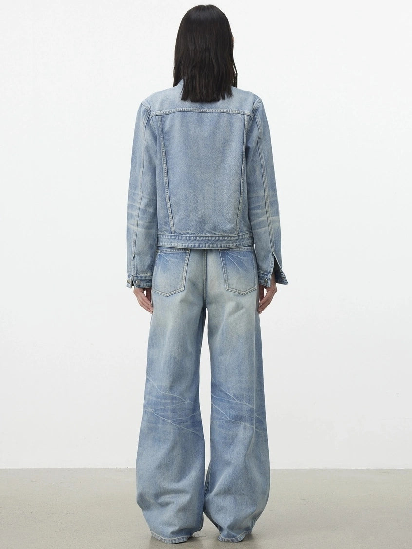 AFTADAWN Vintage Blue Washed Cropped Denim Jacket Jacket