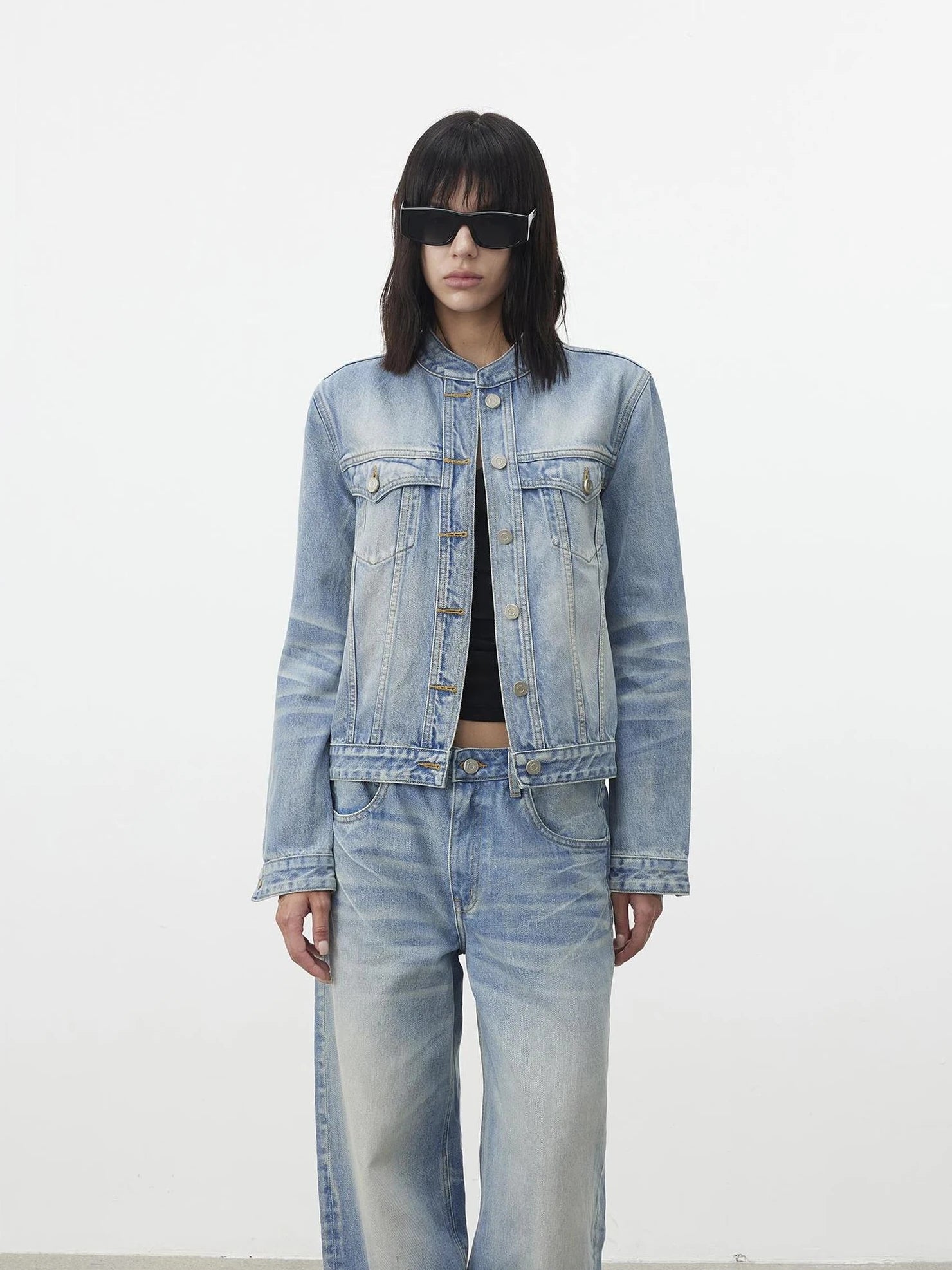 AFTADAWN Vintage Blue Washed Cropped Denim Jacket Jacket