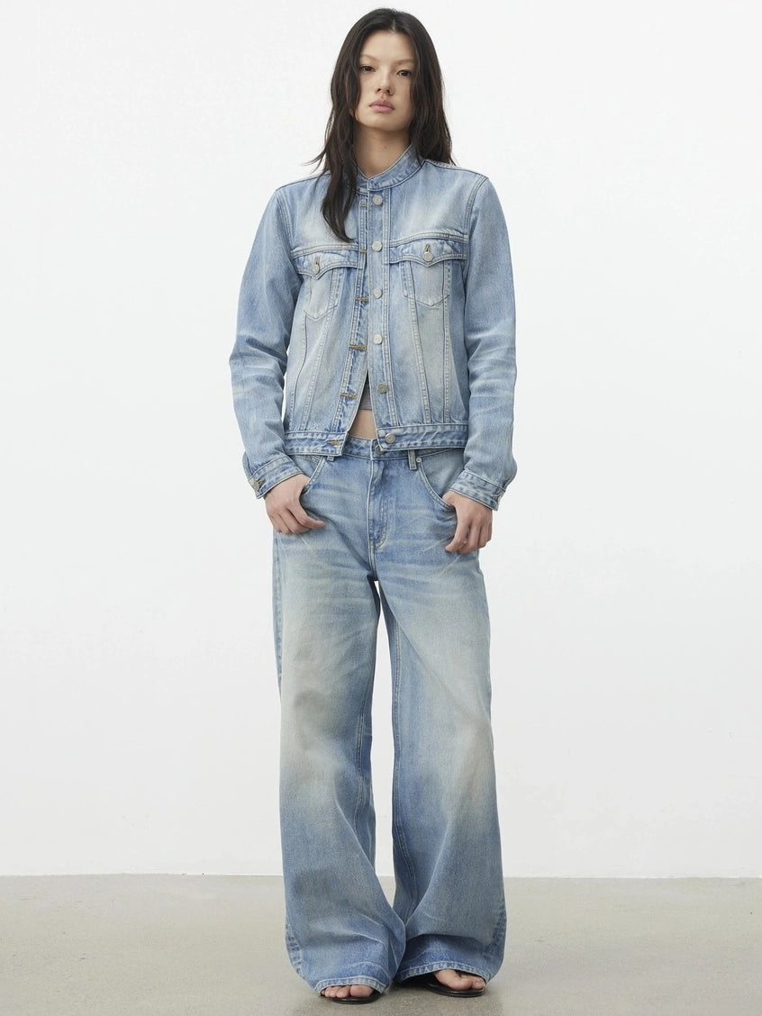 AFTADAWN Vintage Blue Washed Cropped Denim Jacket Jacket