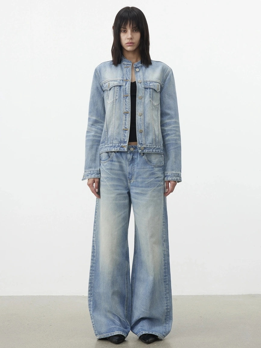 AFTADAWN Vintage Blue Washed Cropped Denim Jacket Jacket