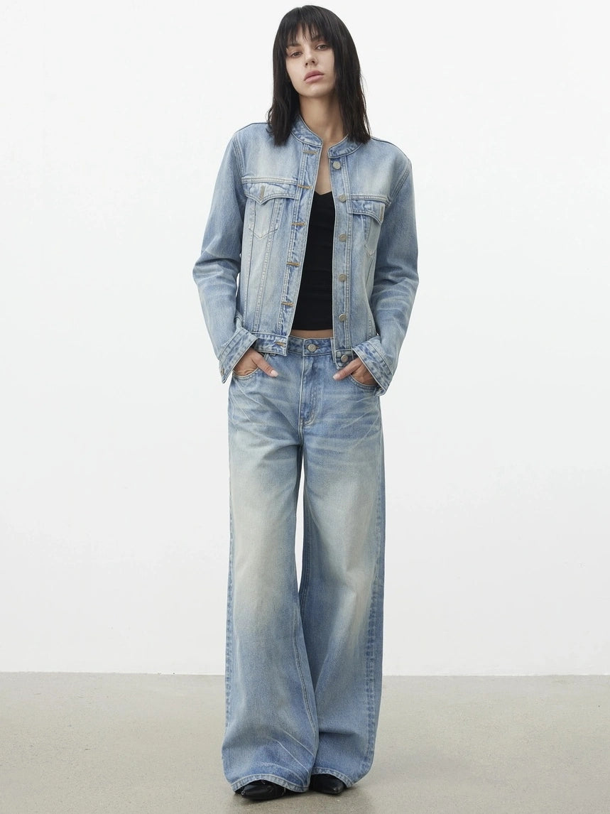 AFTADAWN Vintage Blue Washed Cropped Denim Jacket Jacket