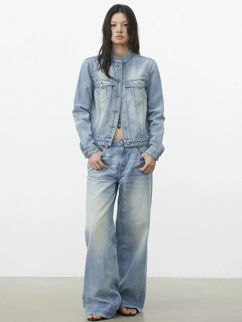 AFTADAWN Vintage Blue Washed Cropped Denim Jacket Jacket