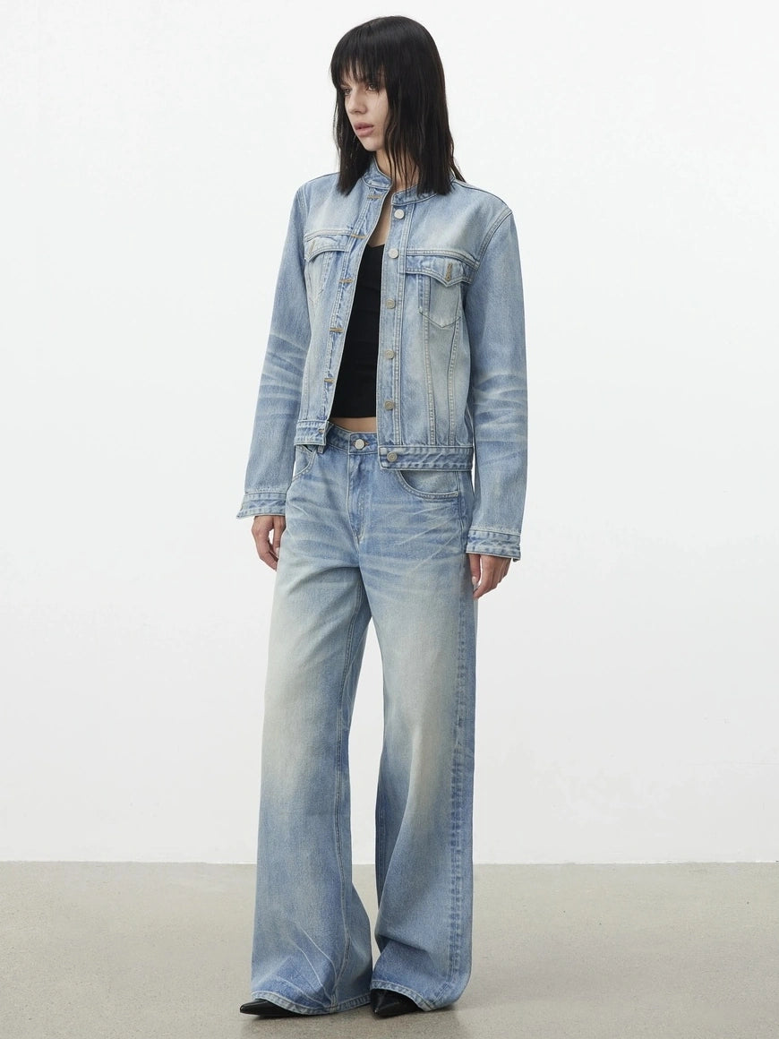 AFTADAWN Vintage Blue Washed Cropped Denim Jacket Jacket