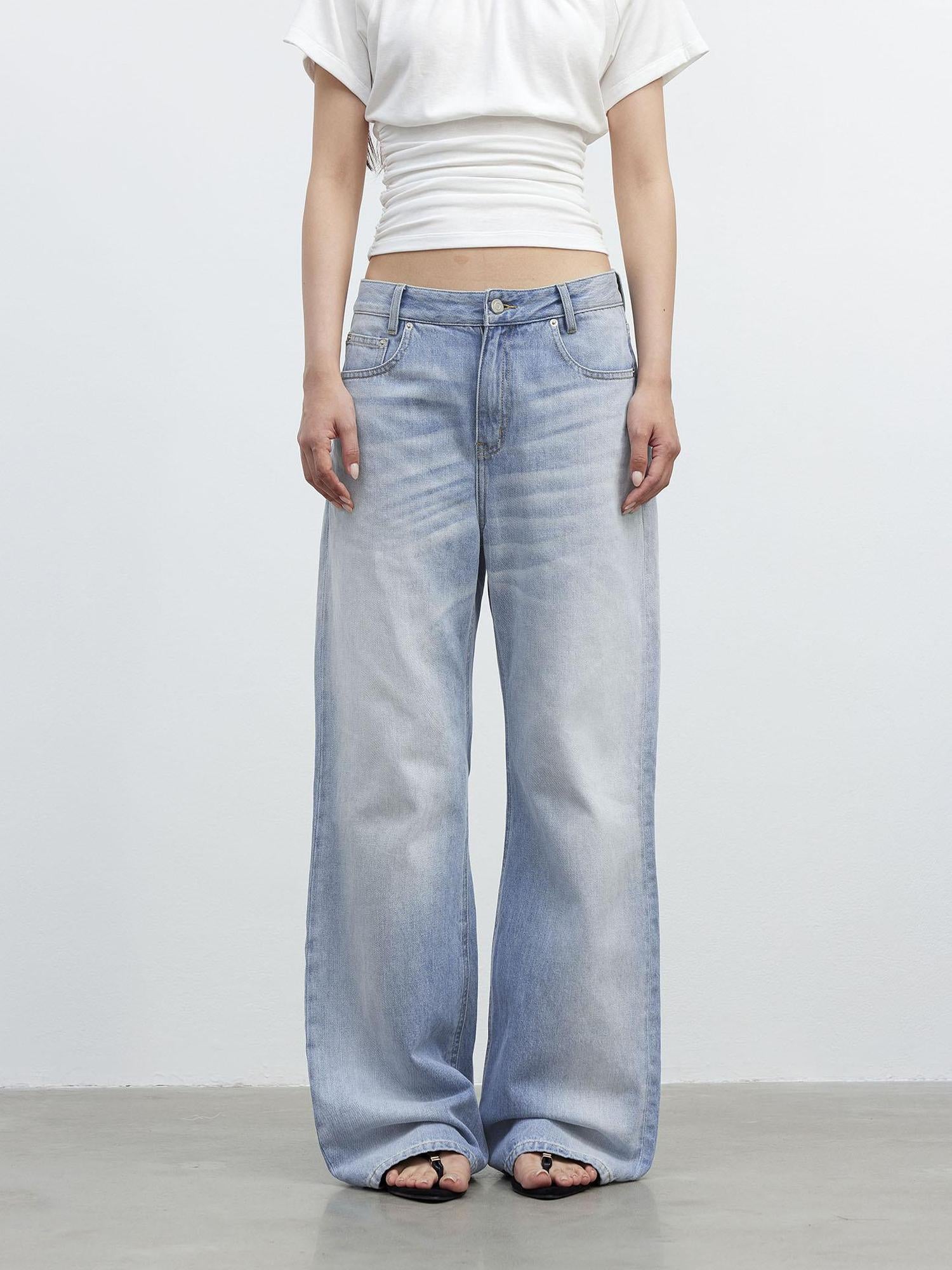 AFTADAWN Vintage Blue Washed Denim Jeans with Whiskers