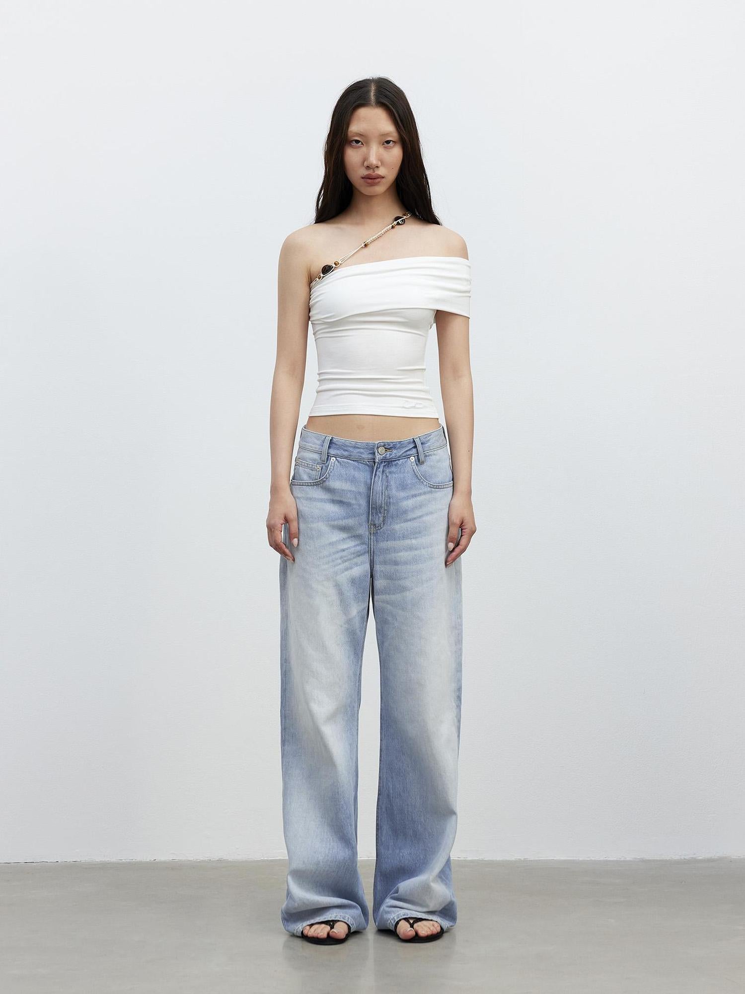 AFTADAWN Vintage Blue Washed Denim Jeans with Whiskers