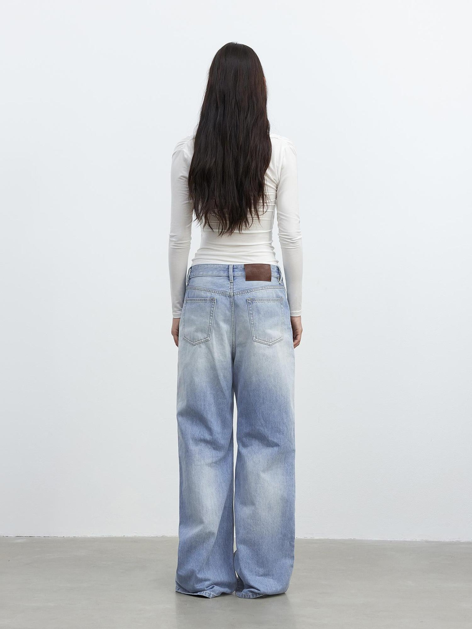 AFTADAWN Vintage Blue Washed Denim Jeans with Whiskers