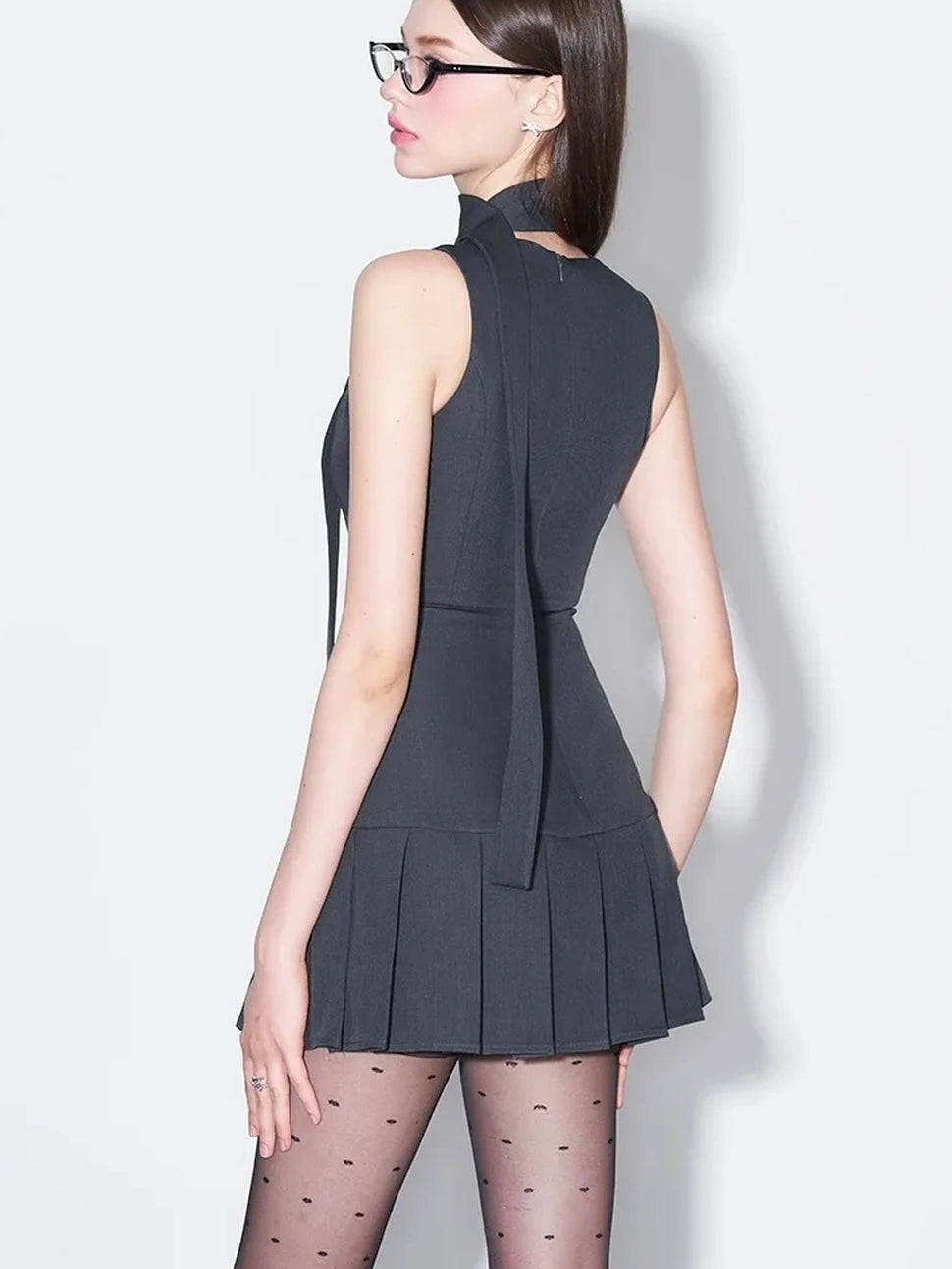 AFTADAWN Vintage Bow Pleated Waistcoat Dress Dresses