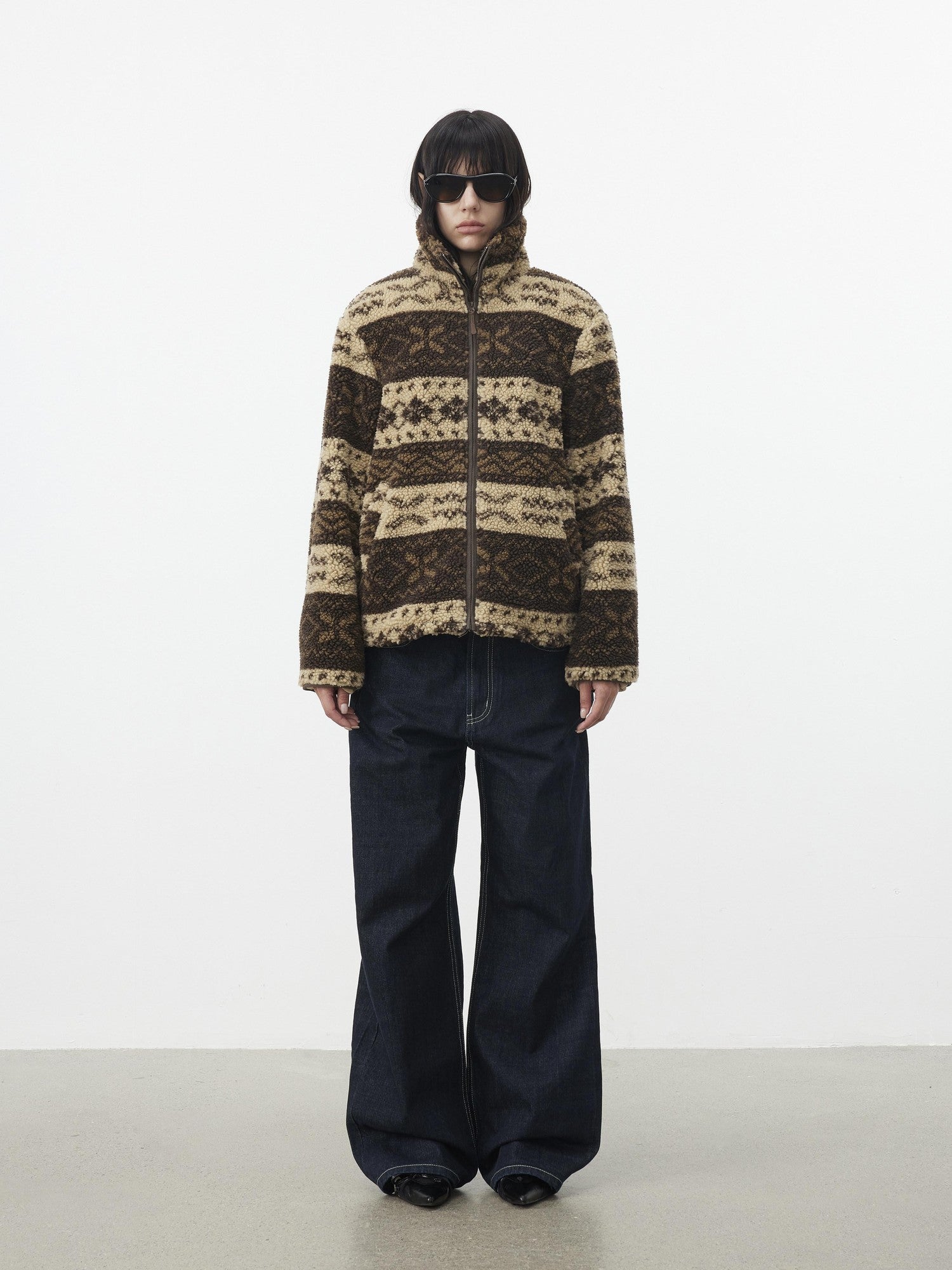 AFTADAWN Vintage Fair Isle Jacquard Texture Stand Collar Women&