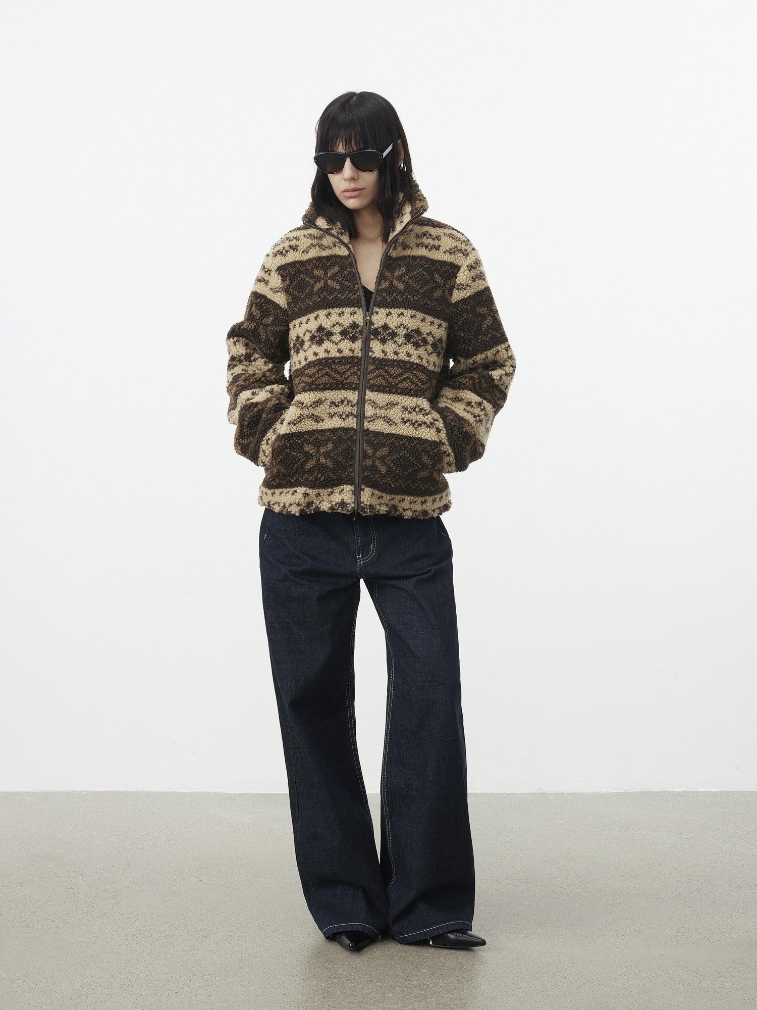 AFTADAWN Vintage Fair Isle Jacquard Texture Stand Collar Women&