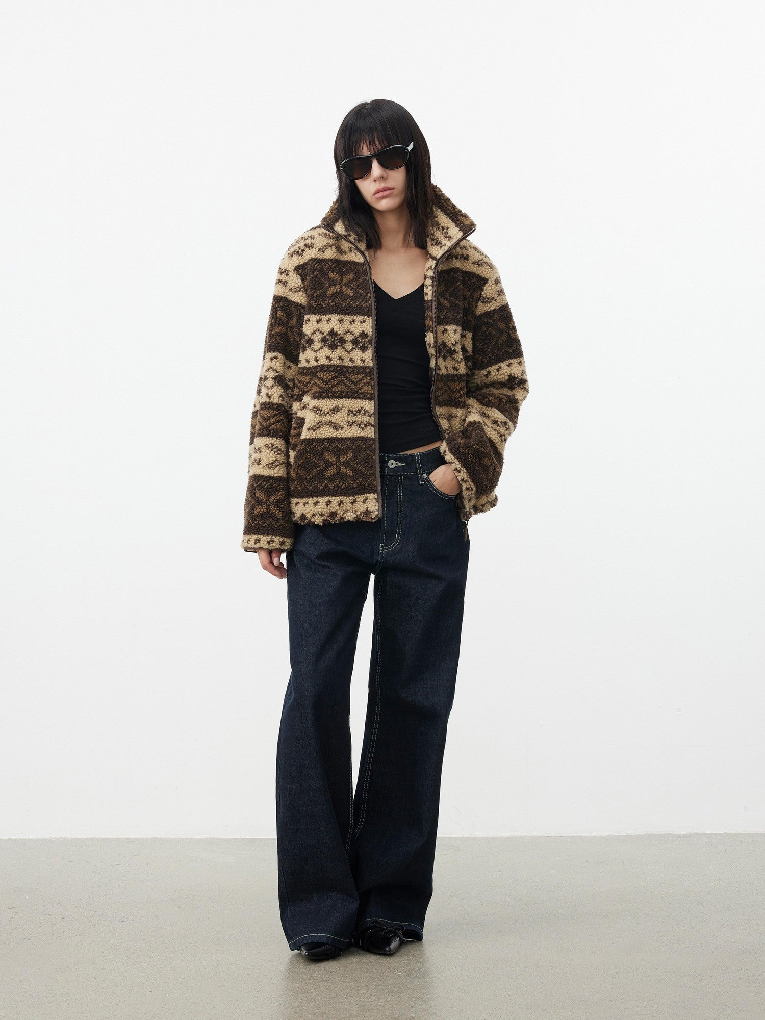 AFTADAWN Vintage Fair Isle Jacquard Texture Stand Collar Women&