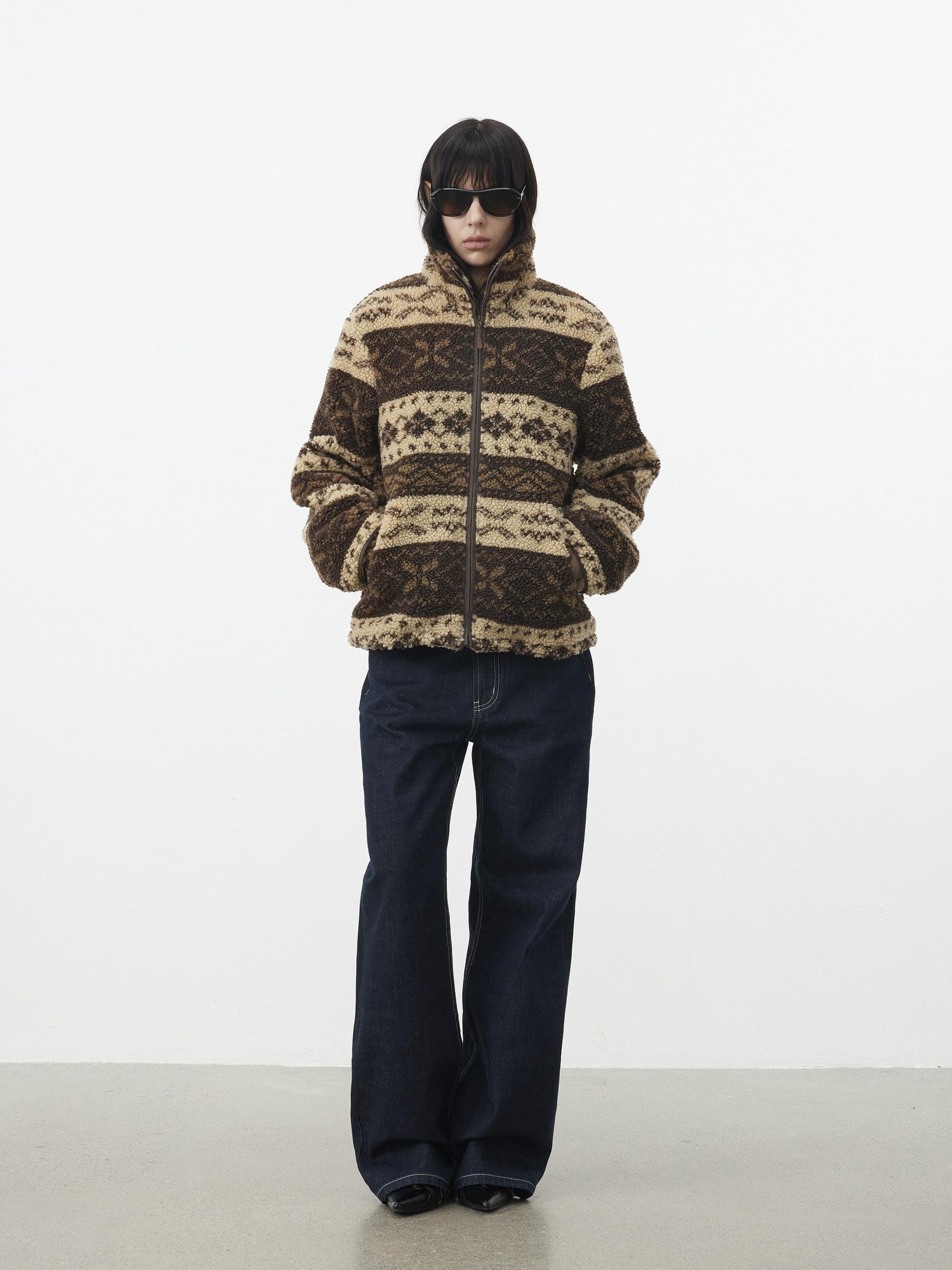 AFTADAWN Vintage Fair Isle Jacquard Texture Stand Collar Women&