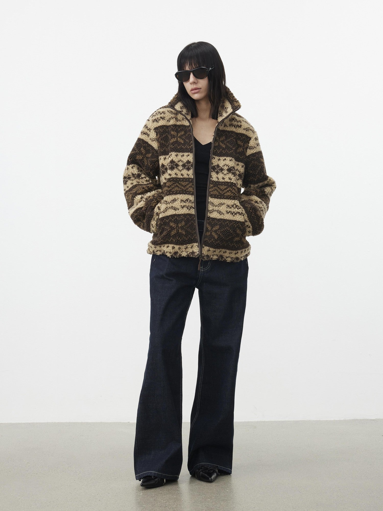 AFTADAWN Vintage Fair Isle Jacquard Texture Stand Collar Women&
