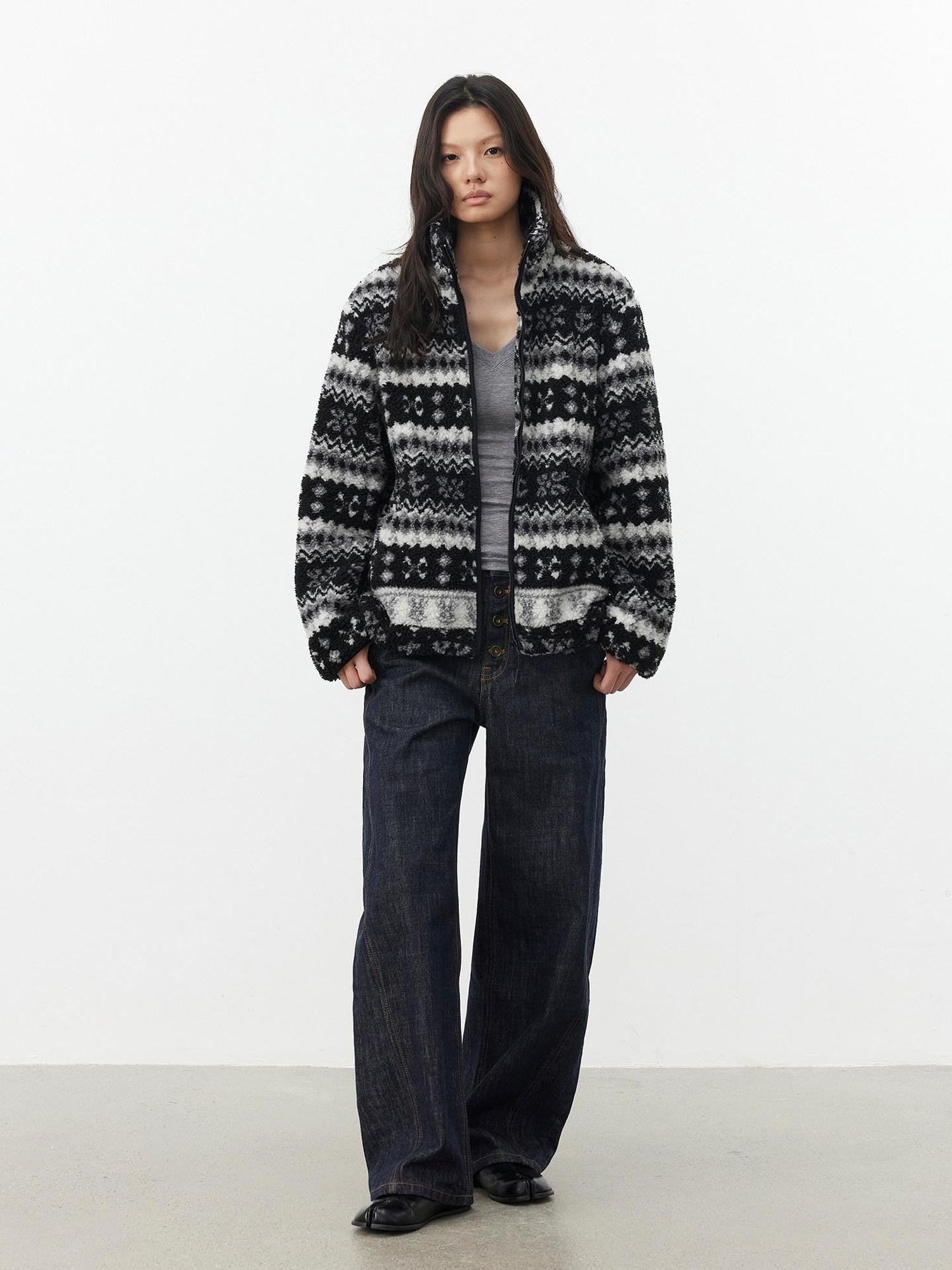 AFTADAWN Vintage Fair Isle Jacquard Texture Stand Collar Women&