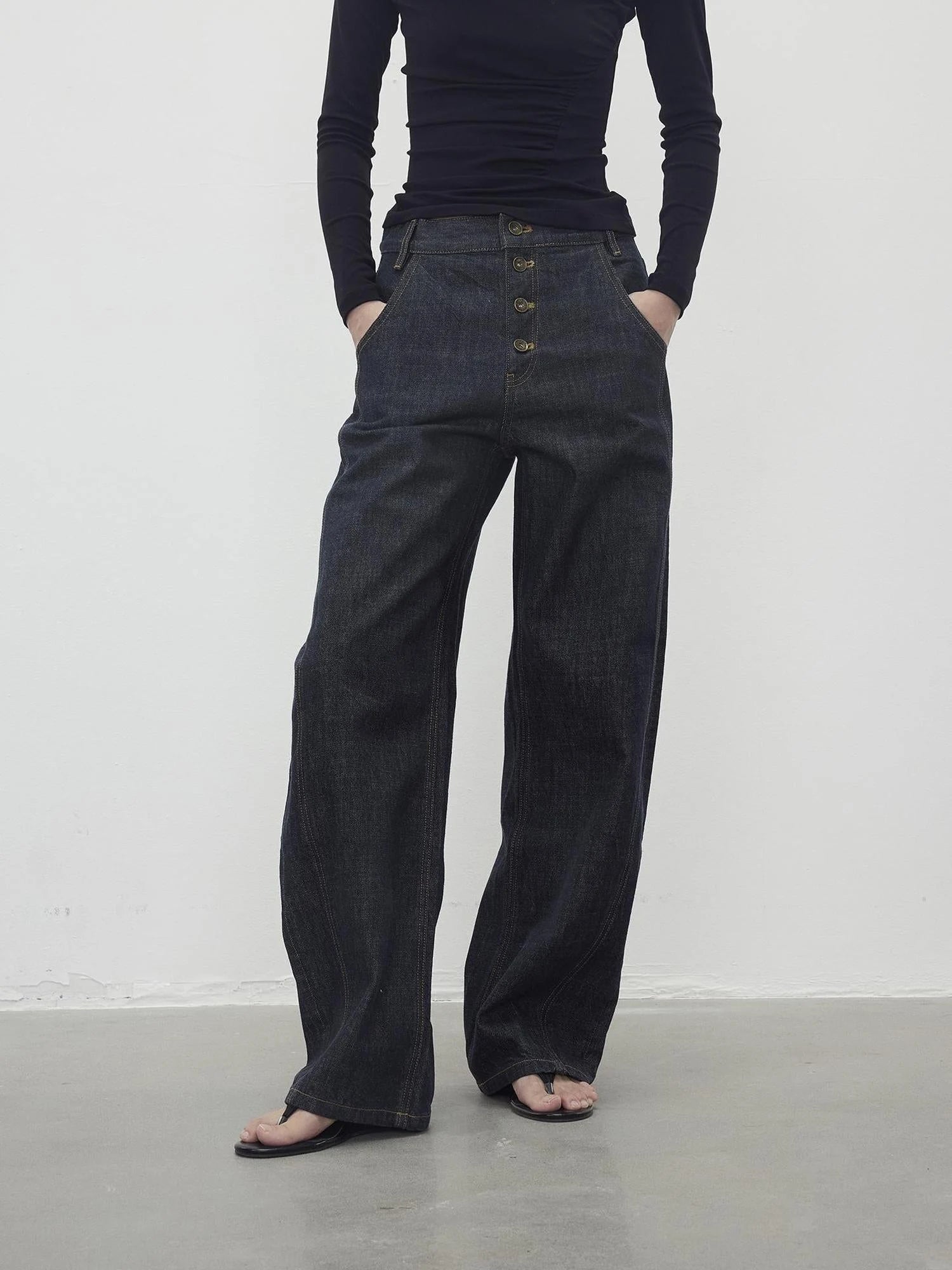 Vintage Indigo Denim Wide Leg Jeans With Contrast Stitching