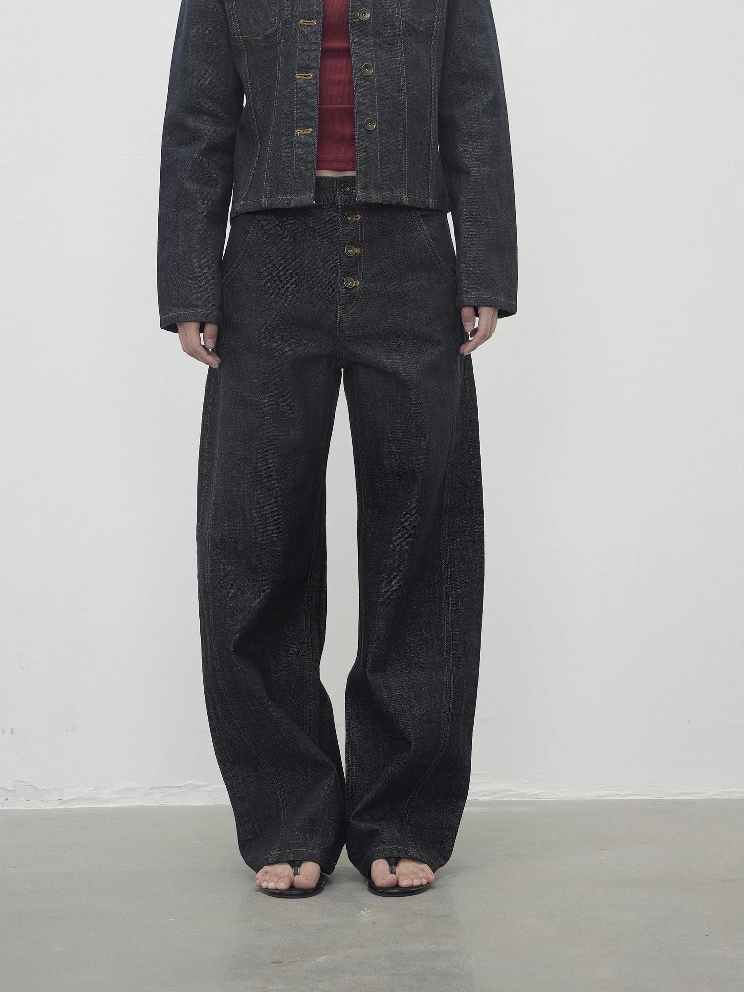 Vintage Indigo Denim Wide Leg Jeans With Contrast Stitching