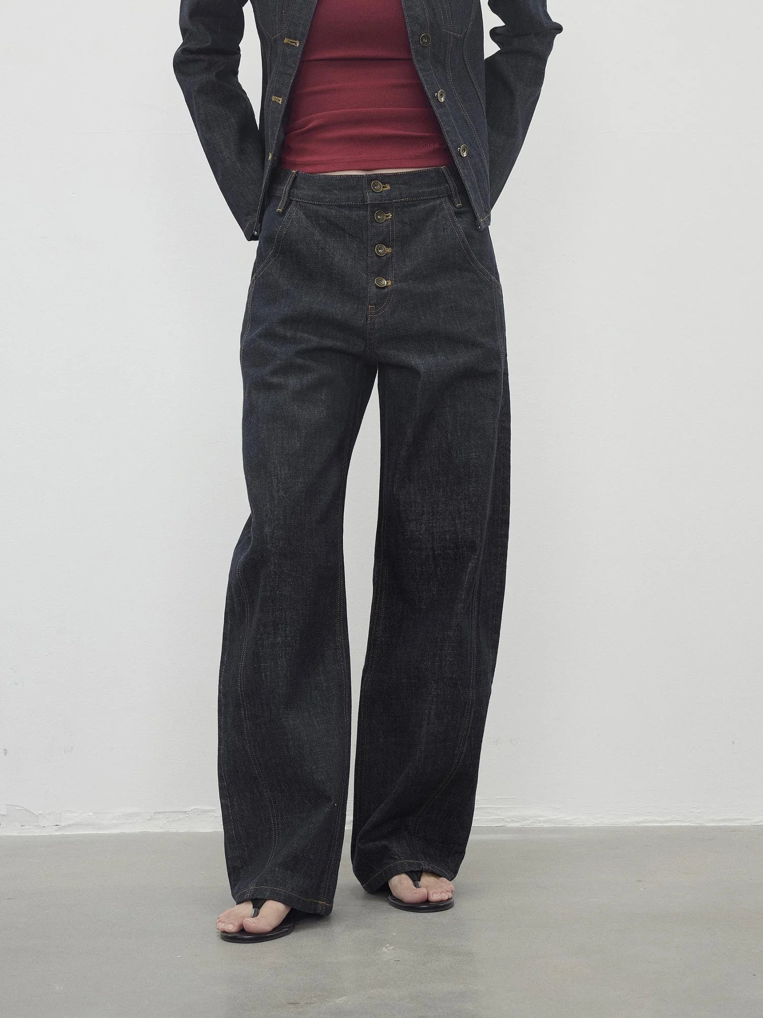 Vintage Indigo Denim Wide Leg Jeans With Contrast Stitching
