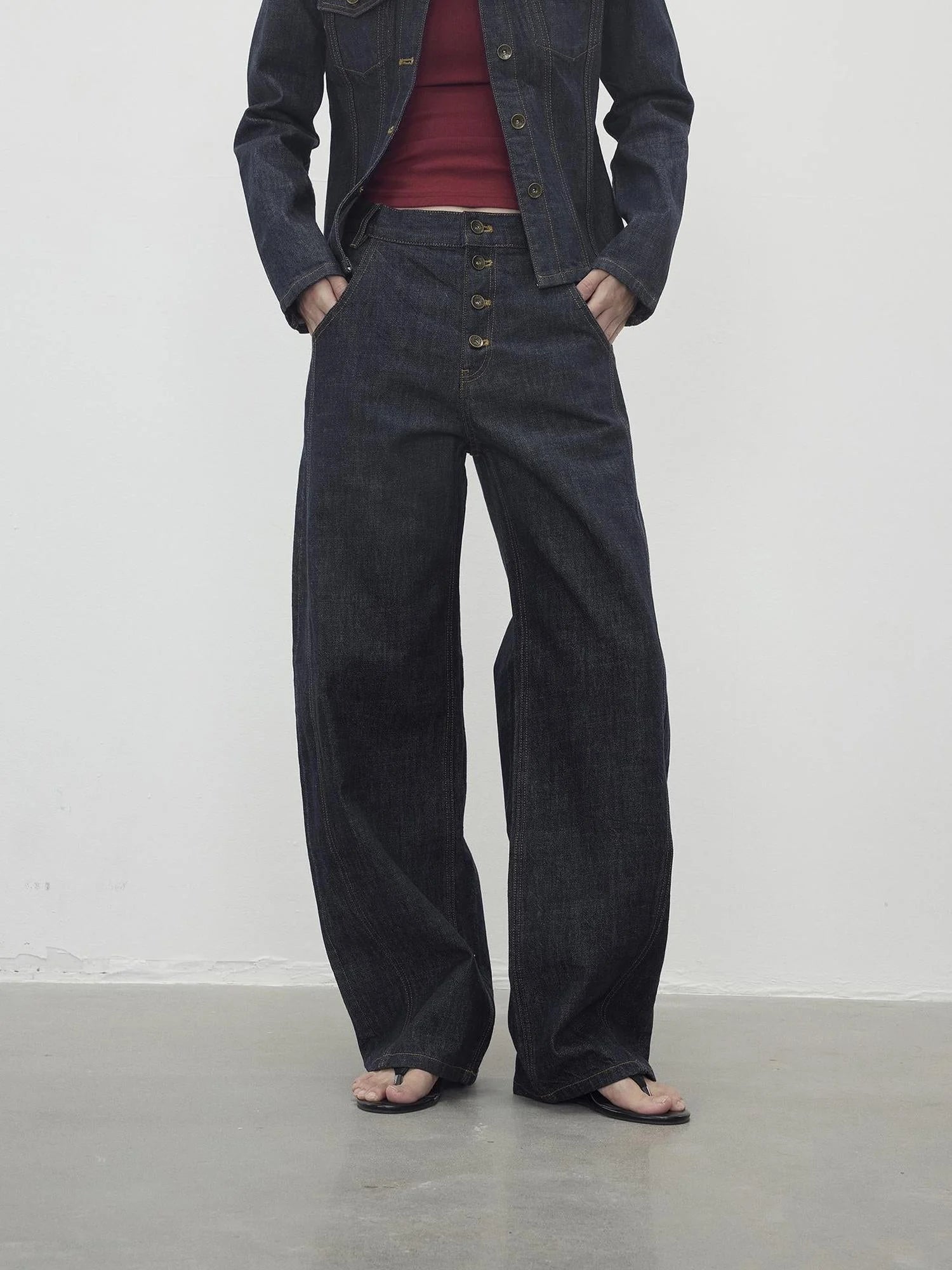 Vintage Indigo Denim Wide Leg Jeans With Contrast Stitching