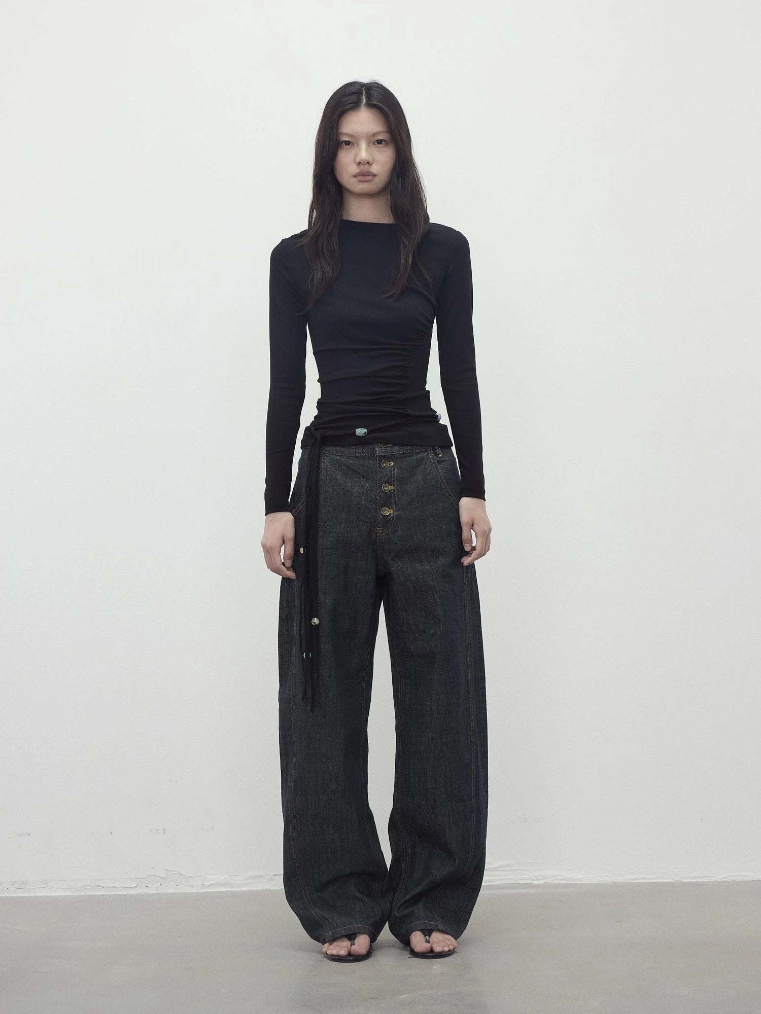 Vintage Indigo Denim Wide Leg Jeans With Contrast Stitching