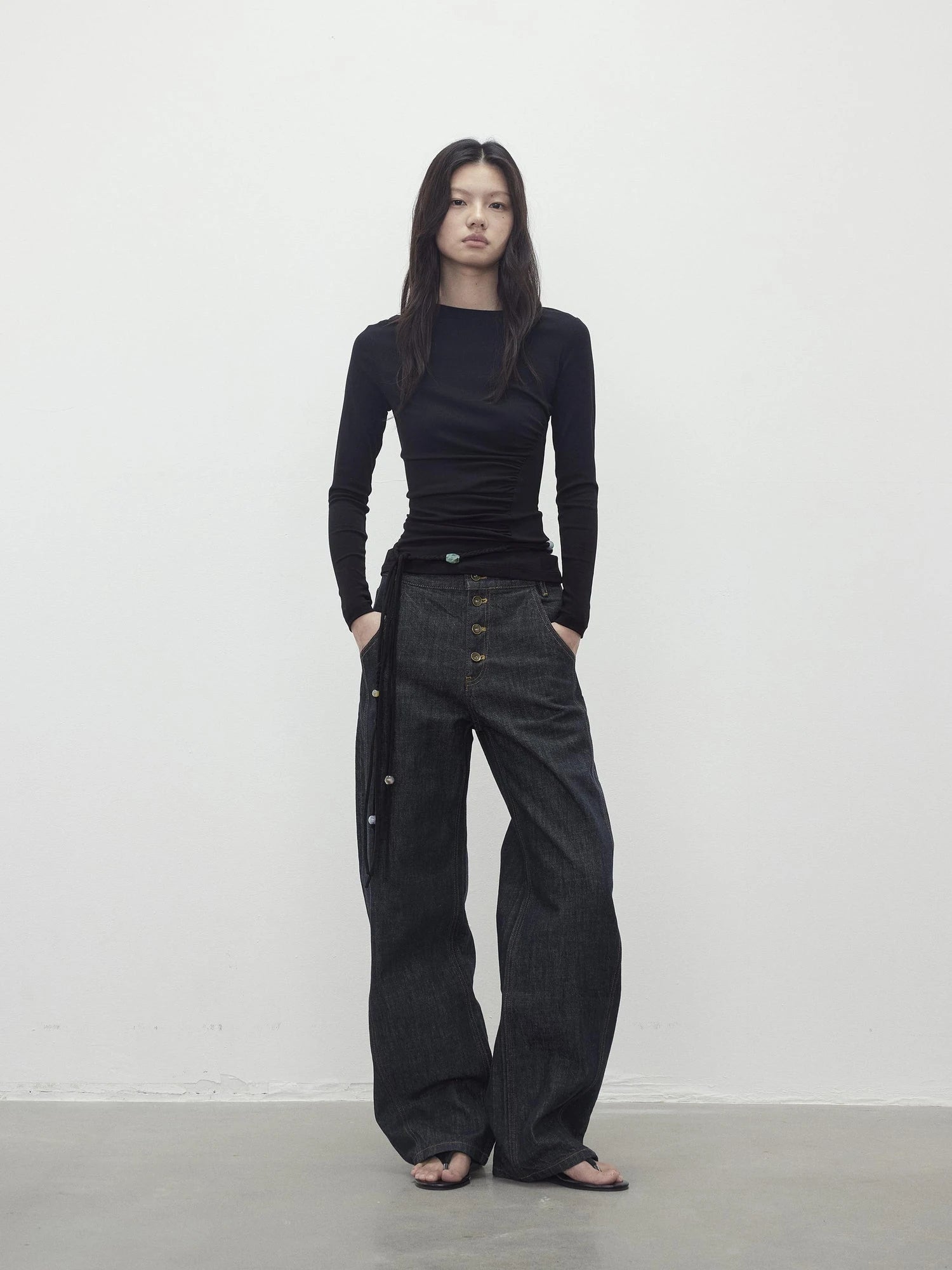 Vintage Indigo Denim Wide Leg Jeans With Contrast Stitching