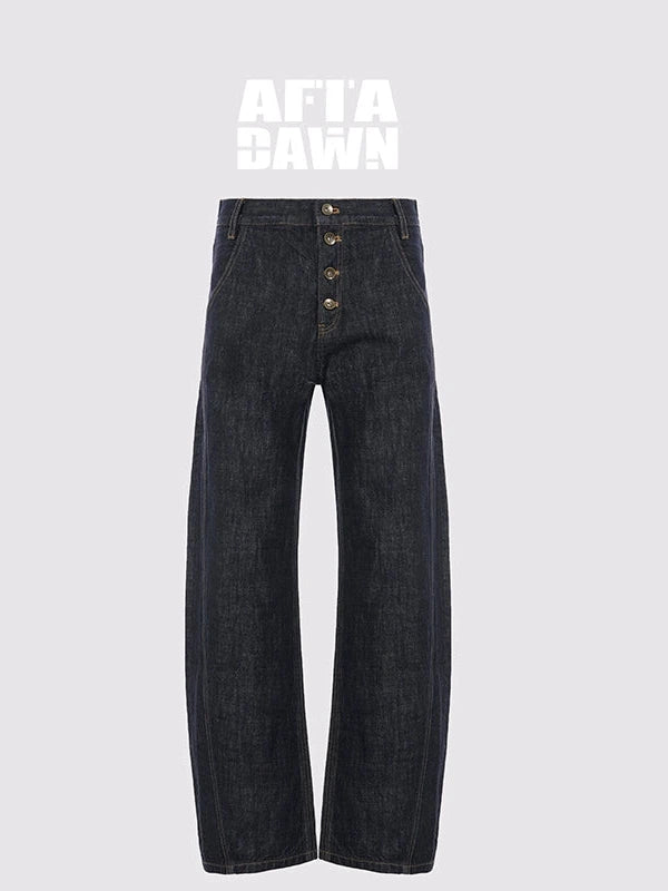 Vintage Indigo Denim Wide Leg Jeans With Contrast Stitching