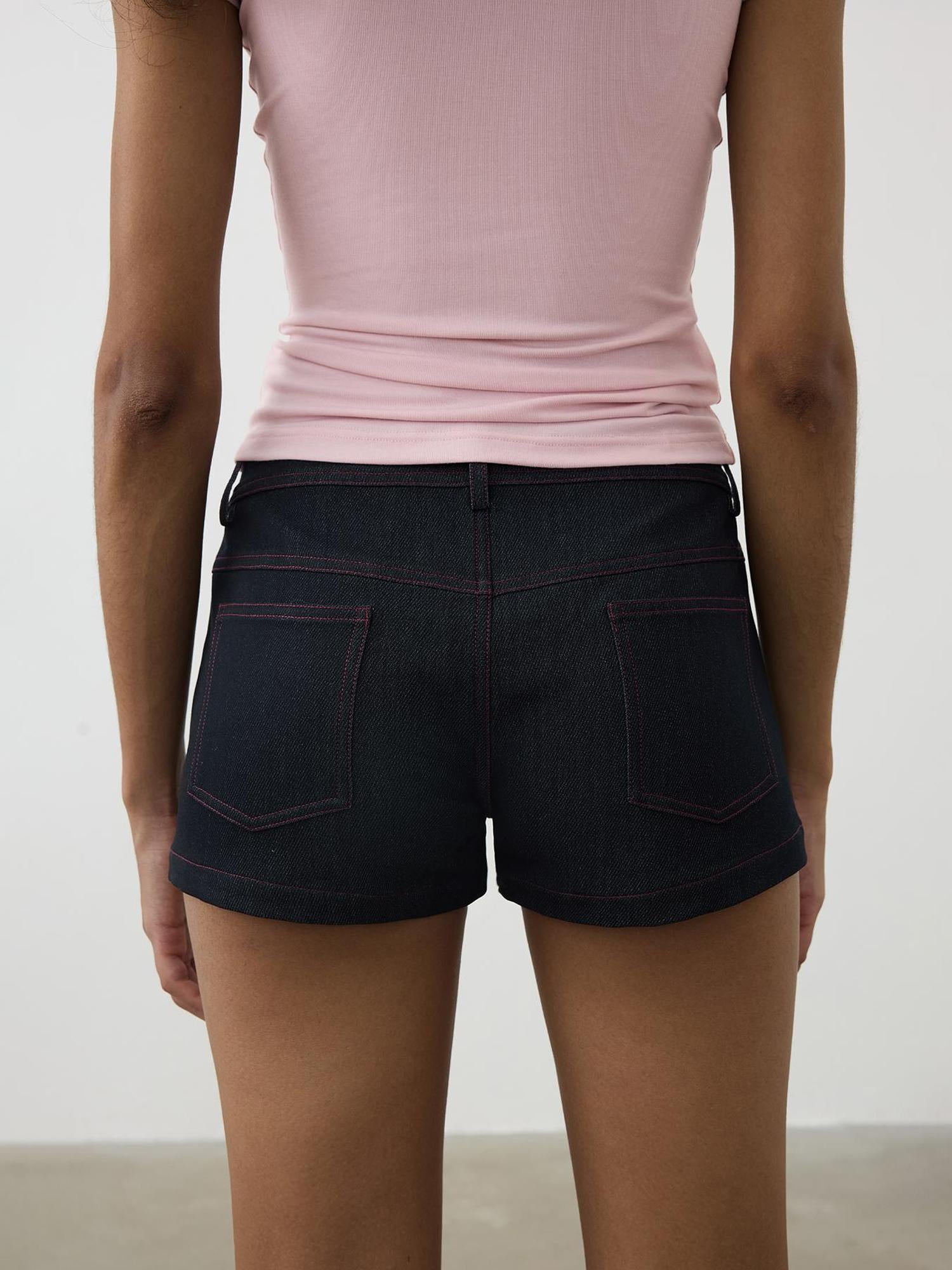 AFTADAWN Vintage Indigo Low Rise Denim Shorts With Red Stitching