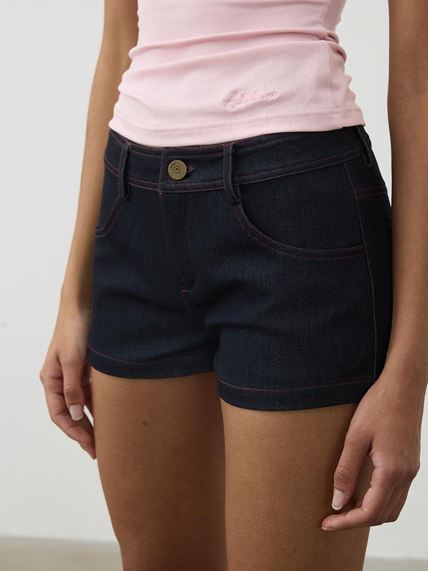 AFTADAWN Vintage Indigo Low Rise Denim Shorts With Red Stitching