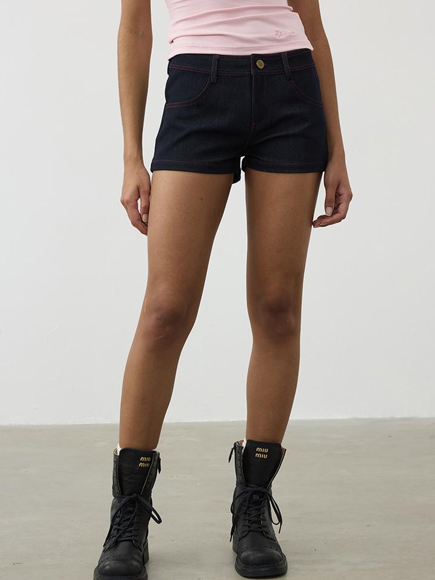 AFTADAWN Vintage Indigo Low Rise Denim Shorts With Red Stitching